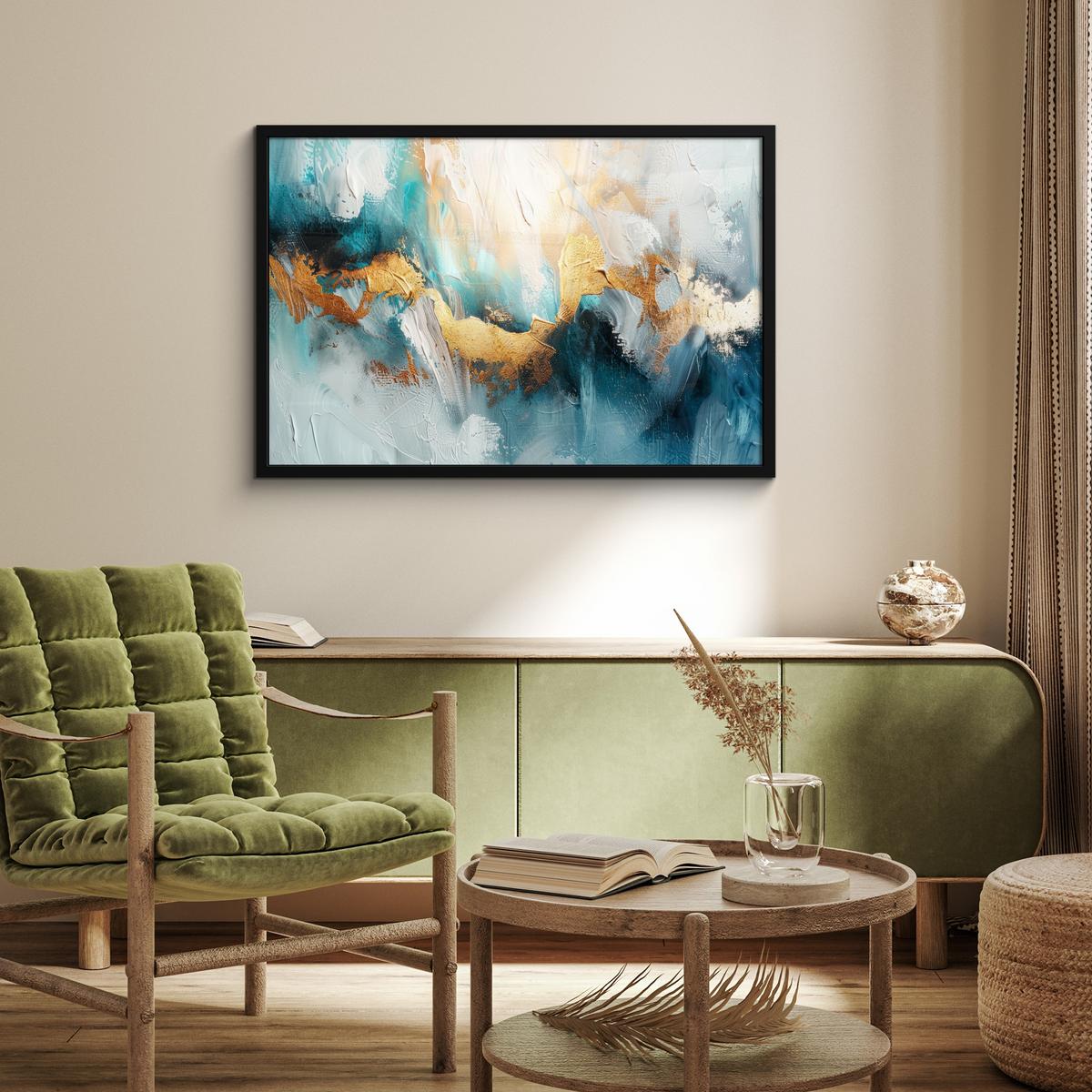 POSTER MIT RAHMENGERAHMTES BILD Abstrakt - Kunst - Gold - Blau 90x60 cm - Petrol, Papier (90/60cm) - MuchoWow