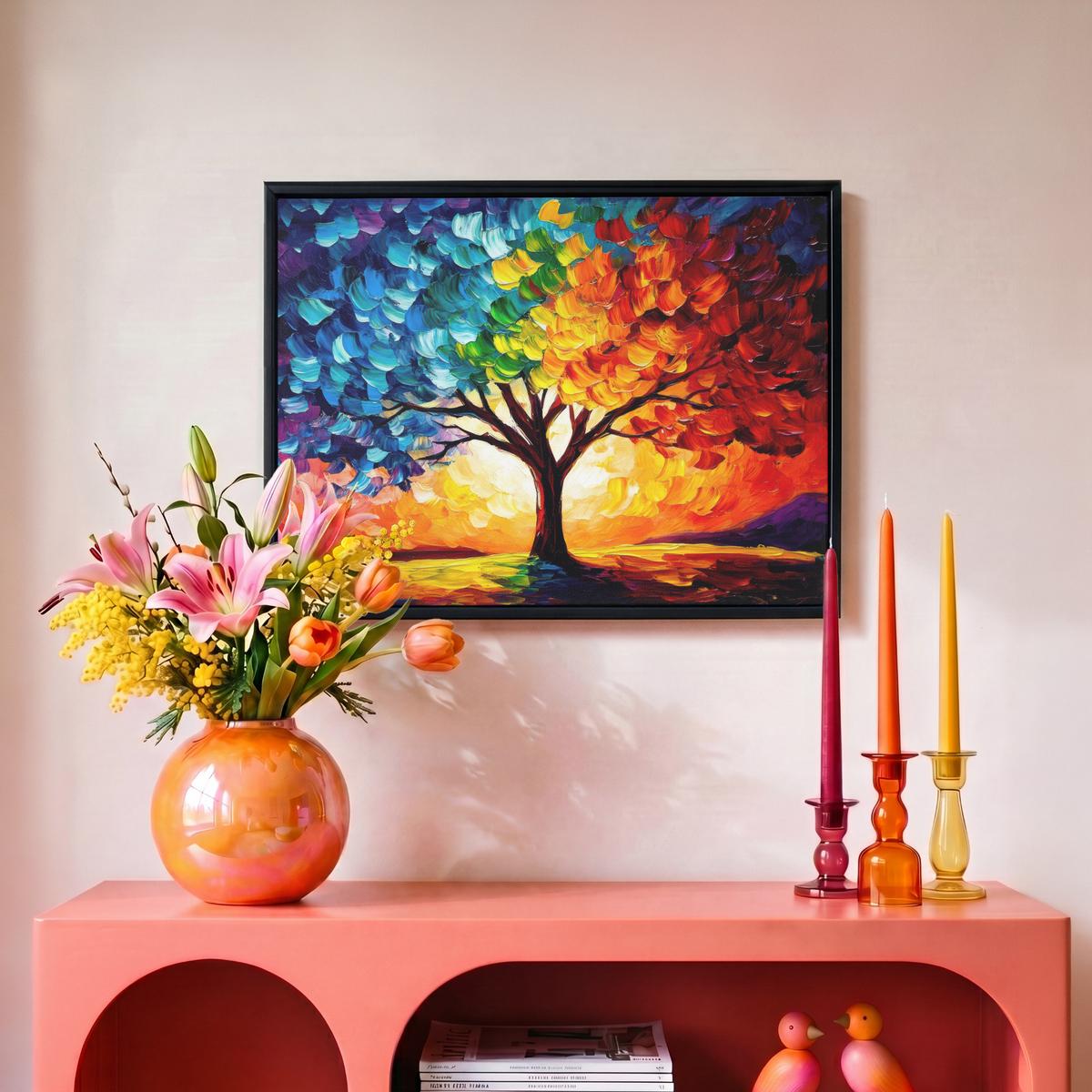 LEINWAND Bilder mit Rahmen - Baum - Kunst - Natur - Sonnenuntergang - 40x30 - Multicolor, Textil (40/30cm) - MuchoWow