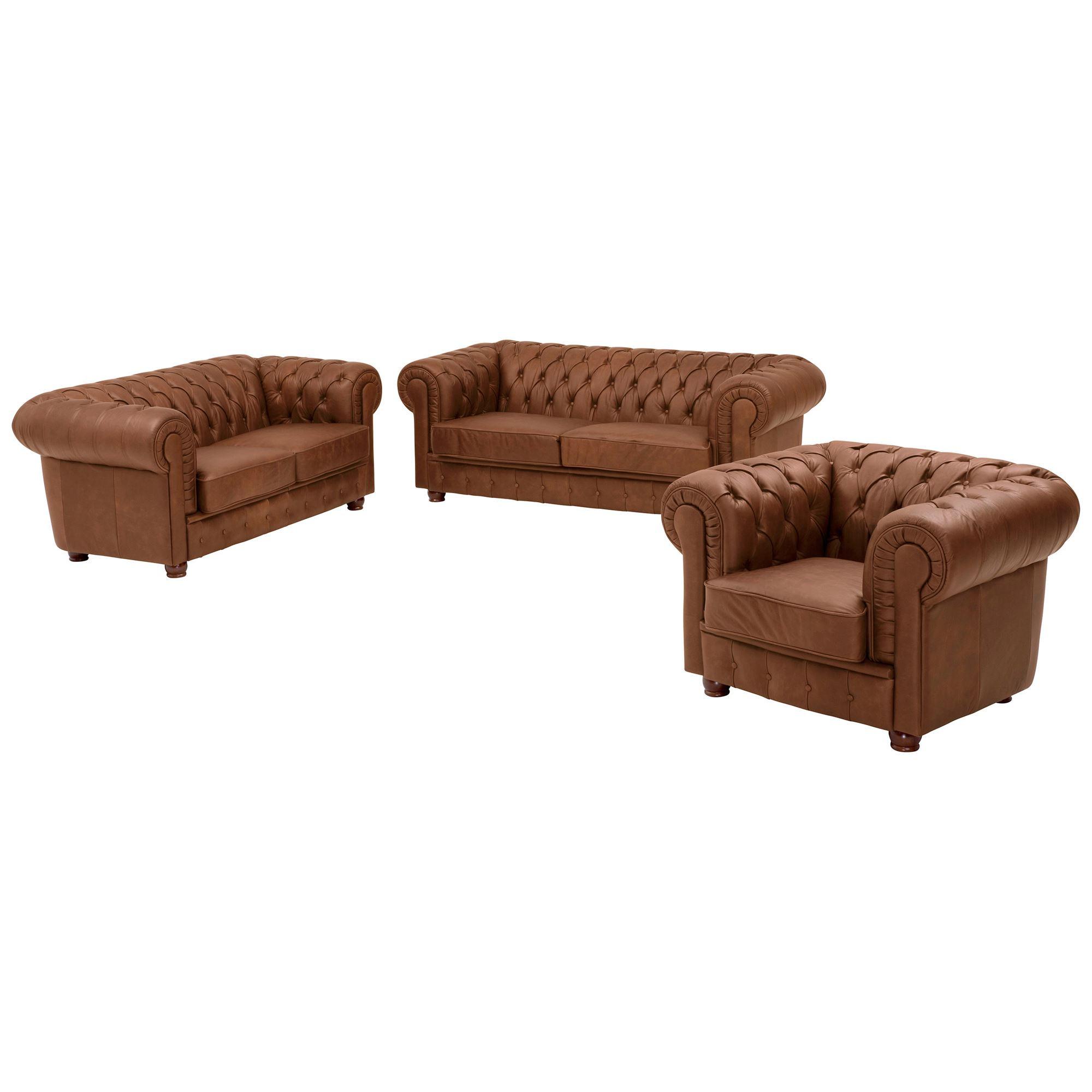 SOFAGARNITUR 3-2-1 Kalea Echtleder (Antikoptik) cognac - Cognac, Leder (200/76/98cm) - 58aufmkessel