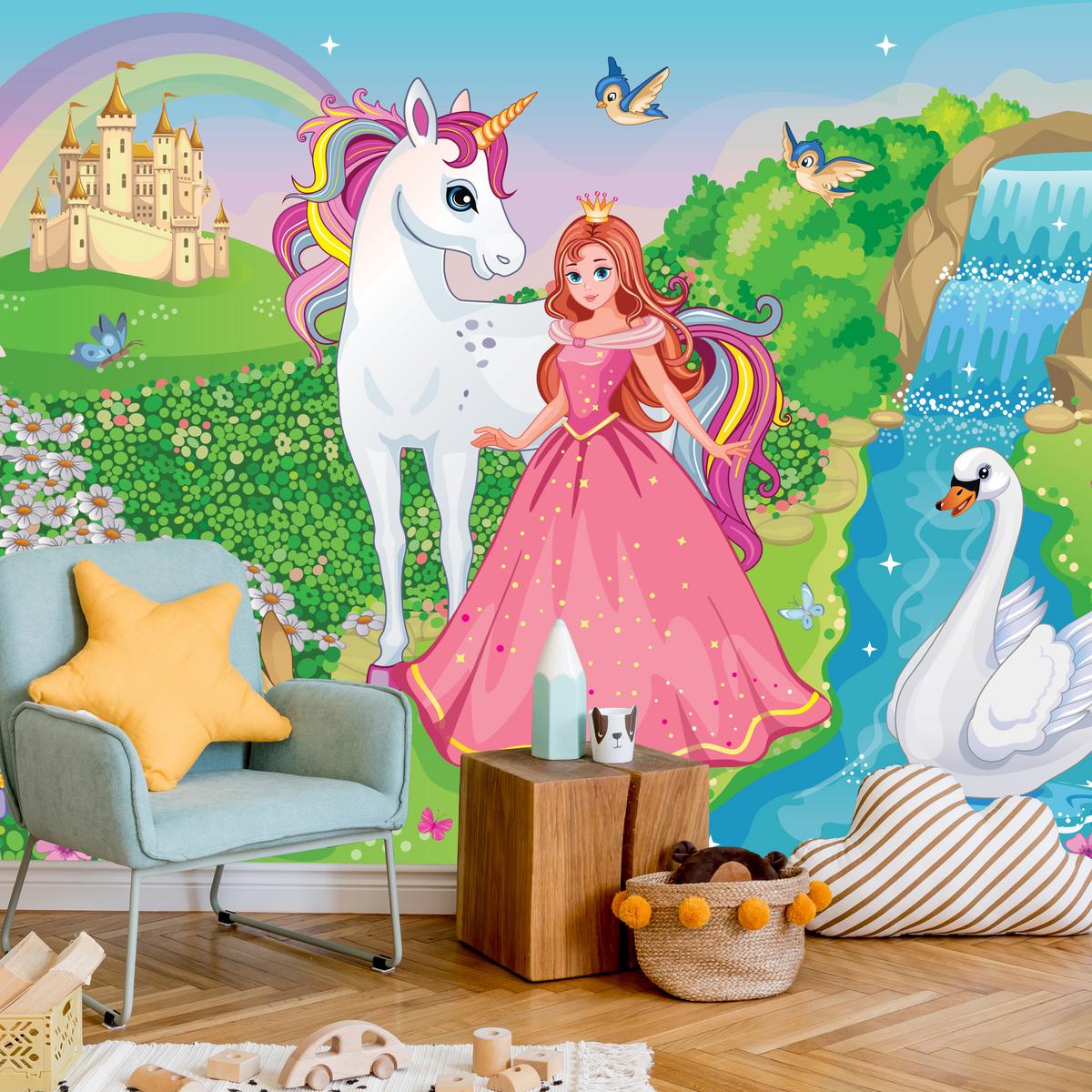 FOTOTAPETE für Kinderzimmer Prinzessin Einhorn Schloss Wasserfall Blumen 300x210 - Blau/Gelb, Papier (300/210cm) - Muralo