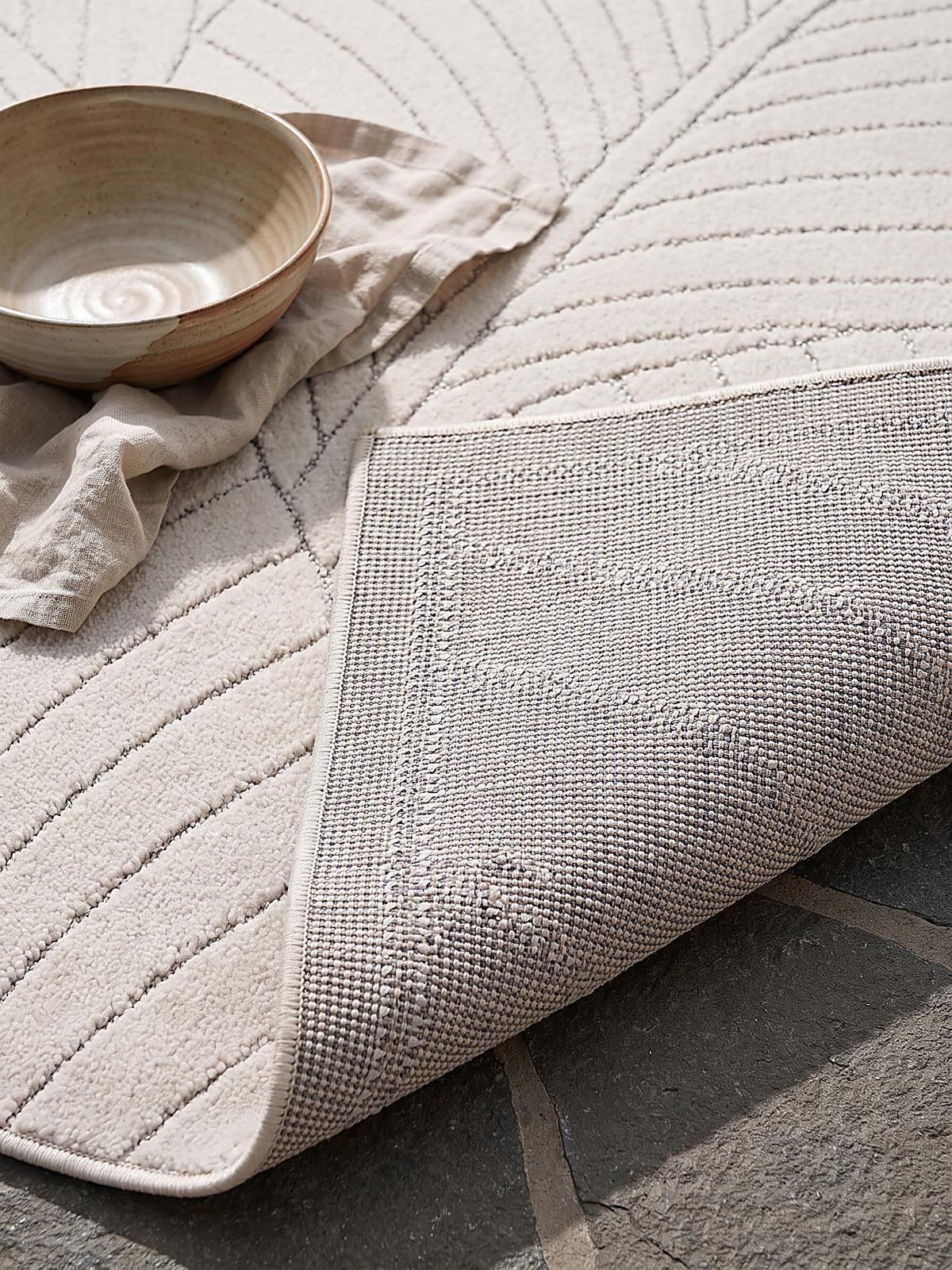 TEPPICH Outdoor, Fußbodenheizung-geeignet, mit Blattmotiv, ENGADIN in Creme, Ø 120 cm - Creme, Textil (120/120cm) - KADIMA DESIGN