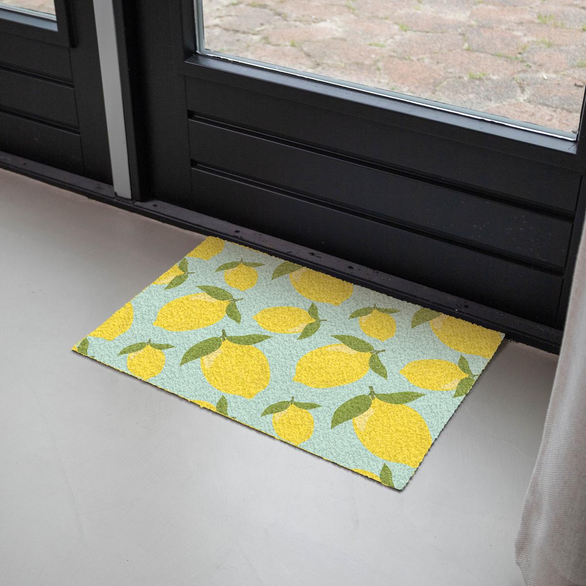 FUSSMATTE Muster Zitronen - Gelb - Blau - Muster - Früchte Flurteppich 60x40 cm - Gelb, Kunststoff (60/0.4cm) - MuchoWow