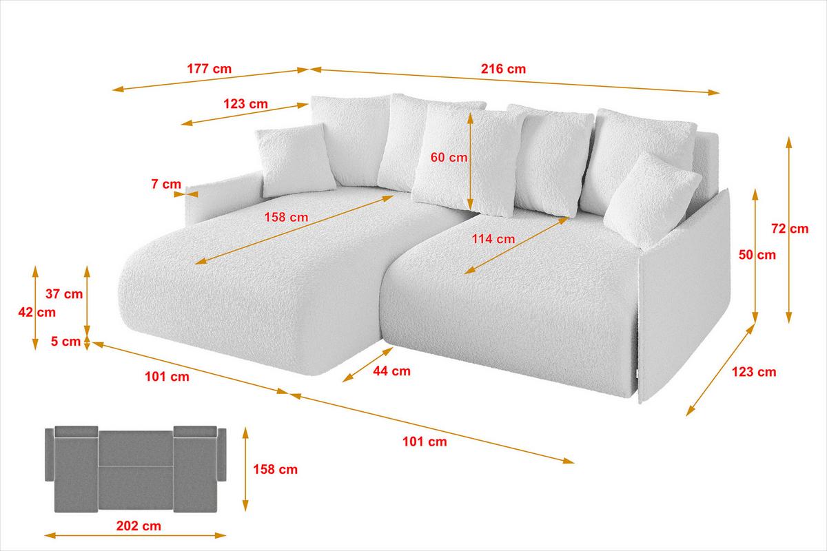 ECKSOFA Ottomane links ONESK-L -v1 216x177x72 Weiß Bouclé - Weiß, Holzwerkstoff/Kunststoff (216/177cm) - ALTDECOR
