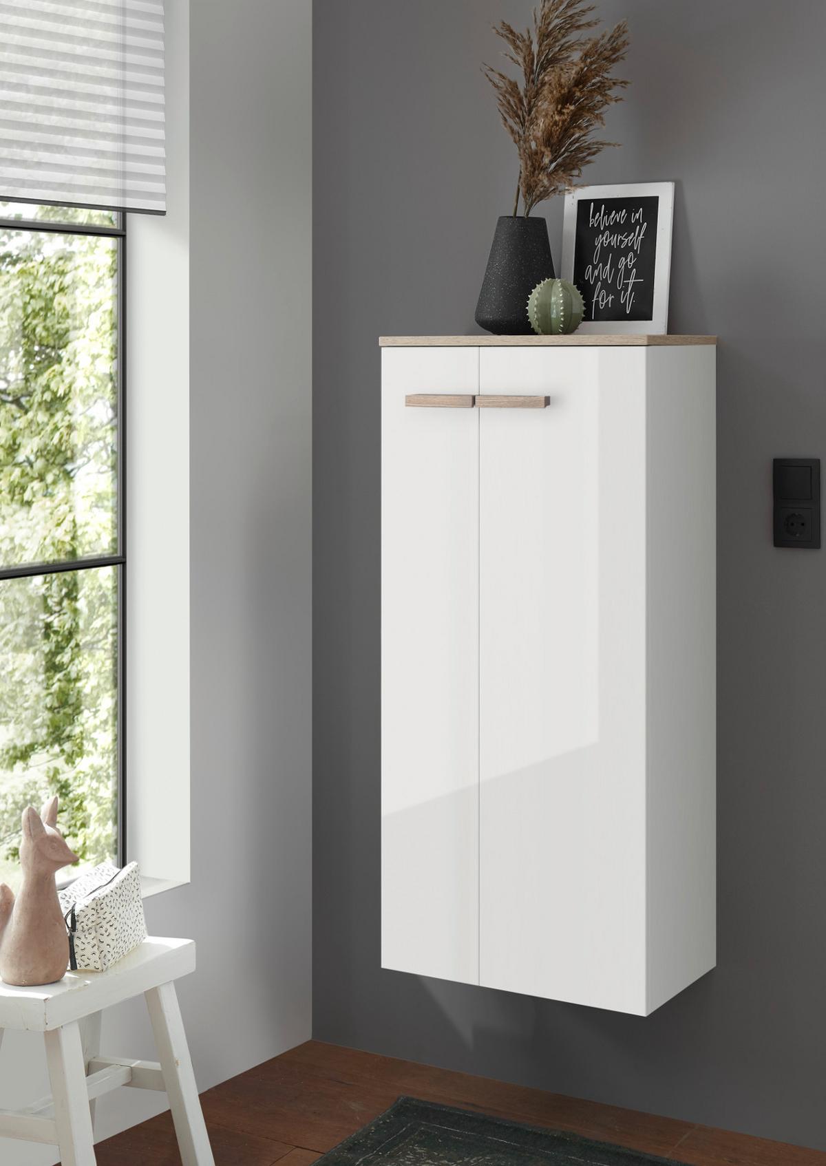 BAD-KOMMODE weiß Lack Hochglanz, Eiche, Midischrank hängend, stehend 51 x 110 cm - Weiß Hochglanz/Eichefarben, Holzwerkstoff/Kunststoff (51/115/30cm) - Furn.Design