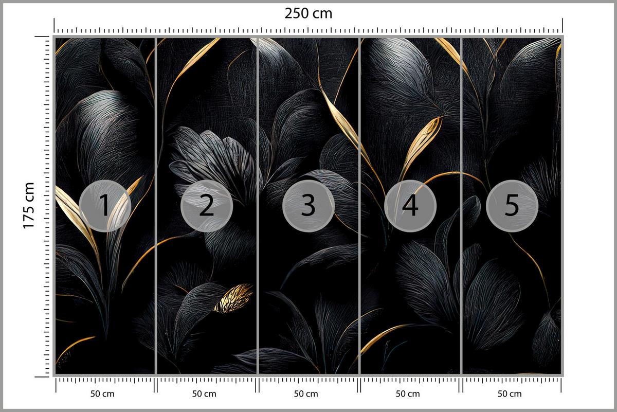 FOTOTAPETE für Wohnzimmer Schwarze Blätter Gold Luxus 250x175 - Goldfarben/Schwarz, Papier (250/175cm) - Muralo