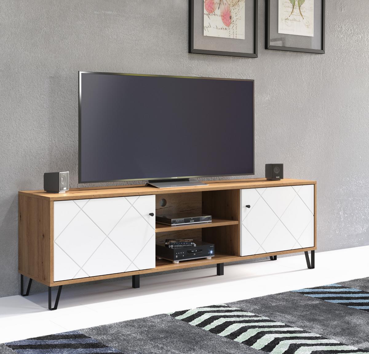 TV-LOWBOARD weiß matt, Eiche Artisan 183 cm,TV-Unterteil mit Soft-Close-Funktion - Eichefarben/Schwarz, Holzwerkstoff/Kunststoff (183/56/40cm) - Top.Furn