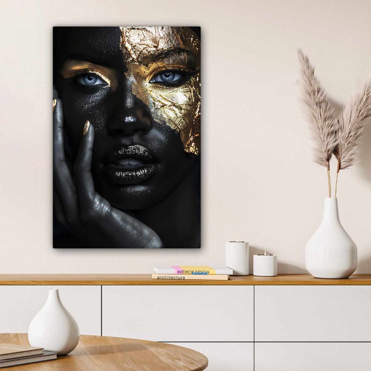 LEINWANDBILD Frau - Gold - Porträt - Schwarz-Weiß - Luxus Wanddeko Schlafzimmer 60x90 cm - Hellblau, Textil (60/90cm) - MuchoWow