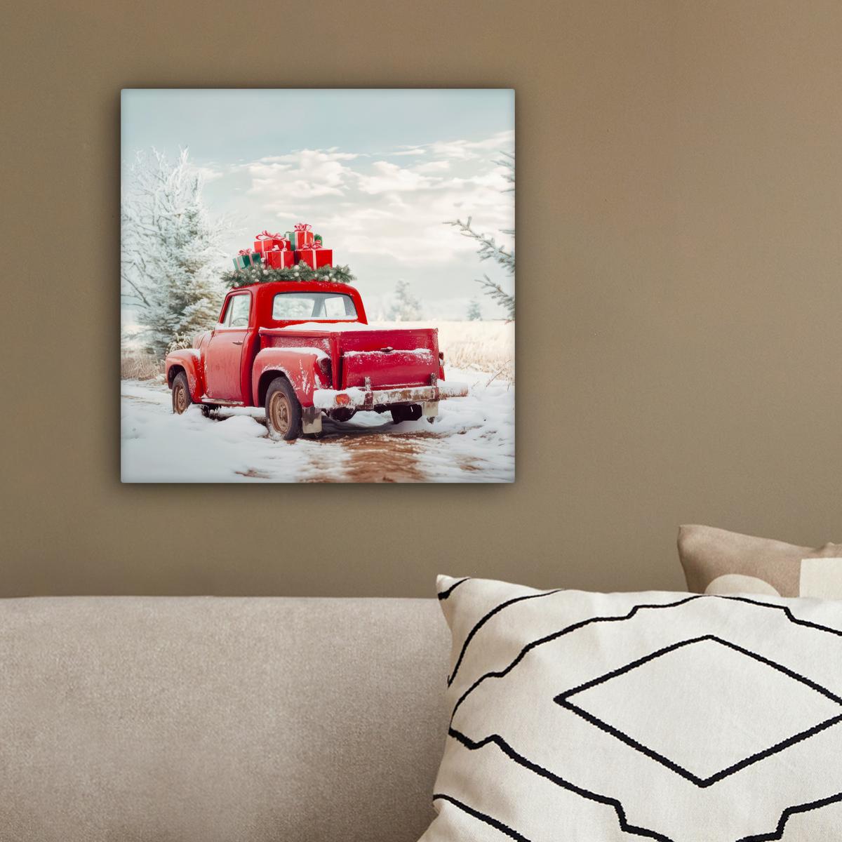 LEINWANDBILD Auto - Rot - Geschenke - Winter - Schnee - Weihnachten Deko Wohnzimmer 20x20 cm - Rot, Textil (20/20cm) - MuchoWow