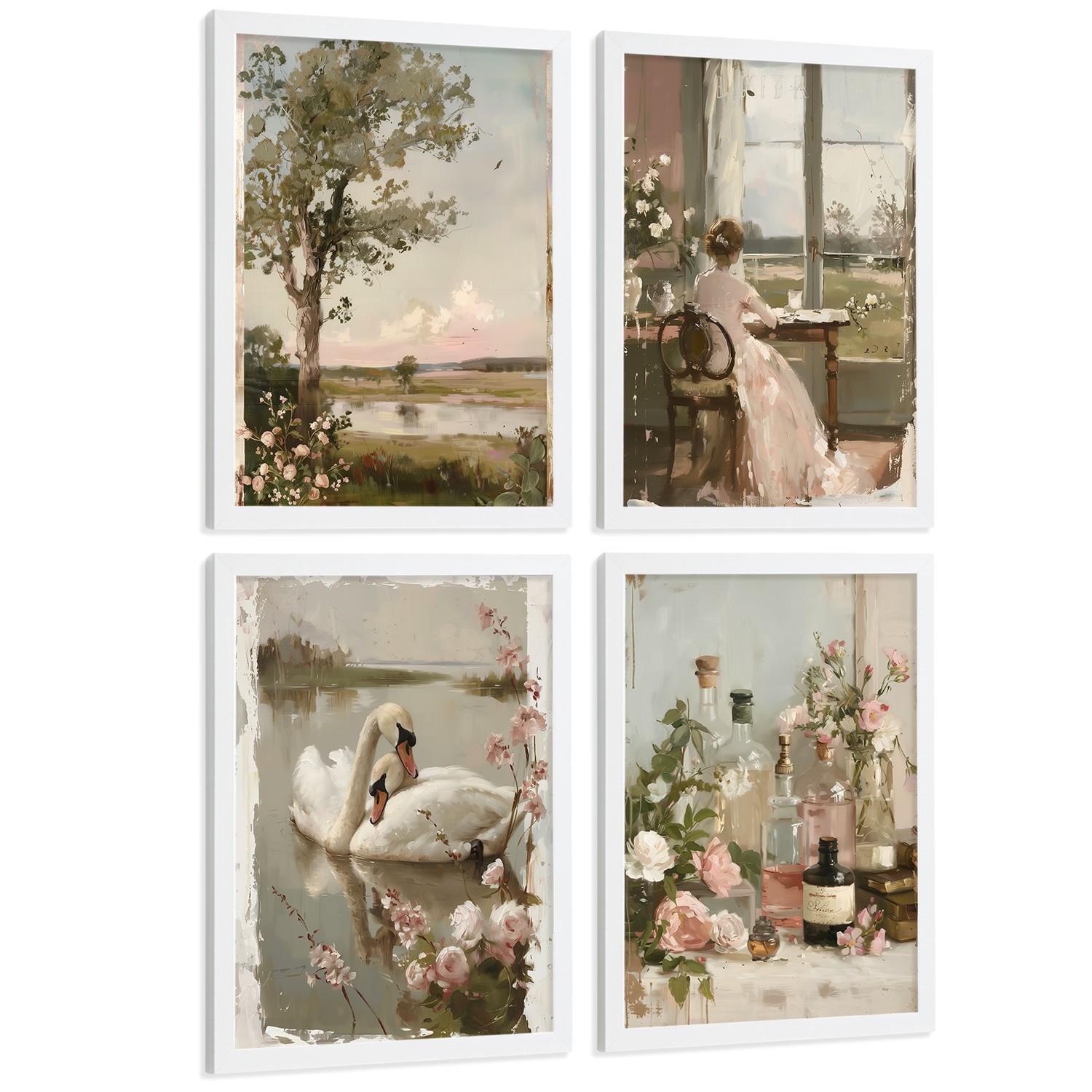 POSTER 4er Bilder-Set Wandbilder Rosen Ölmalerei modern Wohnzimmer Deko, Schlafzimmer, Küche, Badezimmer Weißer Rahmen A4 - Weiß, Papier (29.7/1/21cm) - Nacnic