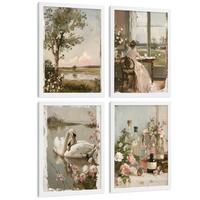 POSTER 4er Bilder-Set Wandbilder Rosen Ölmalerei modern Wohnzimmer Deko, Schlafzimmer, Küche, Badezimmer Weißer Rahmen A4 - Weiß, Papier (29.7/1/21cm) - Nacnic