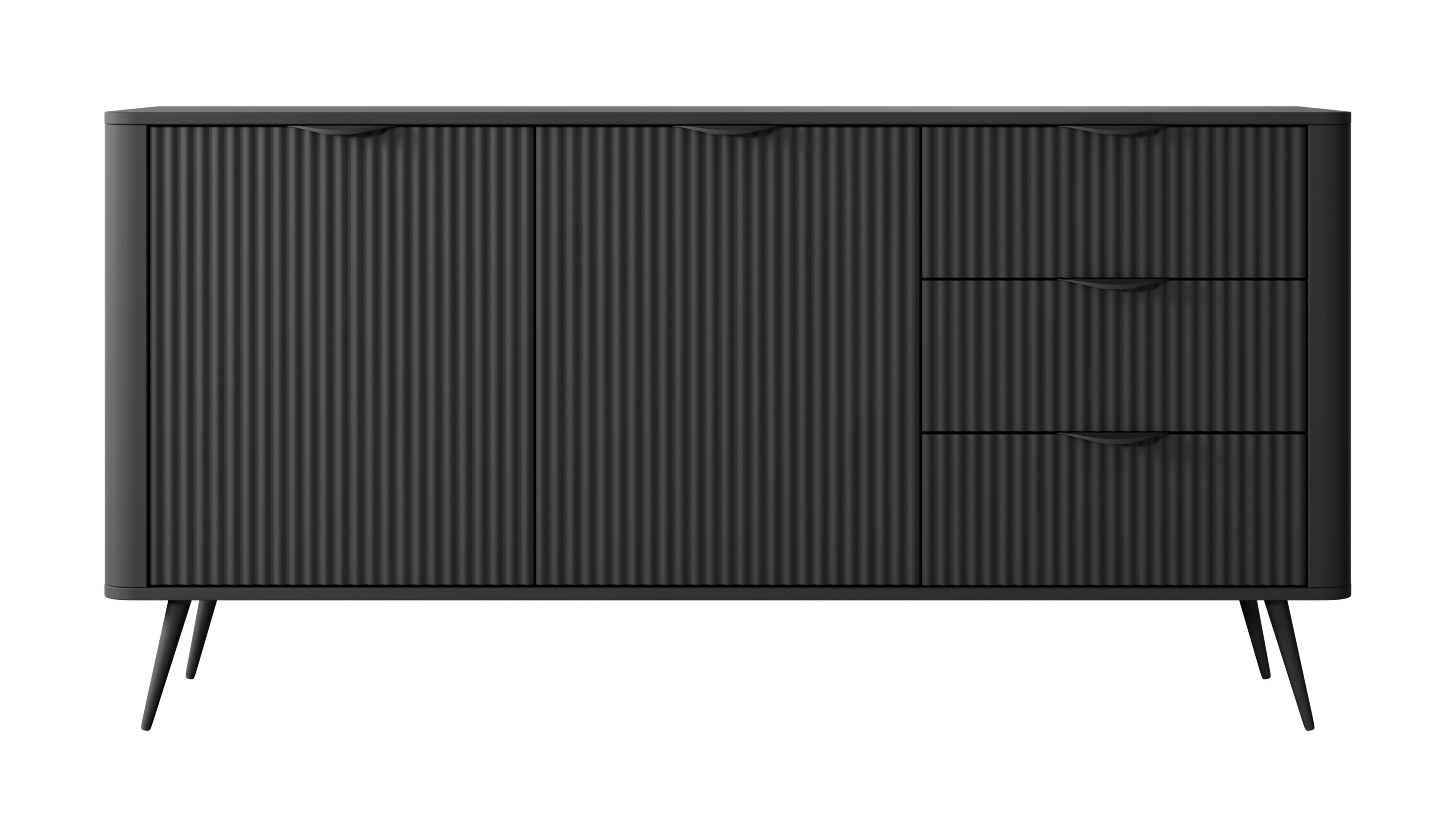 SIDEBOARD Vespasia 2T 3S Schwarz 163,2/81,2/38 cm – Geriffelten Fronten - Schwarz, Holzwerkstoff/Metall (163.2/81.2/38cm) - AX Living