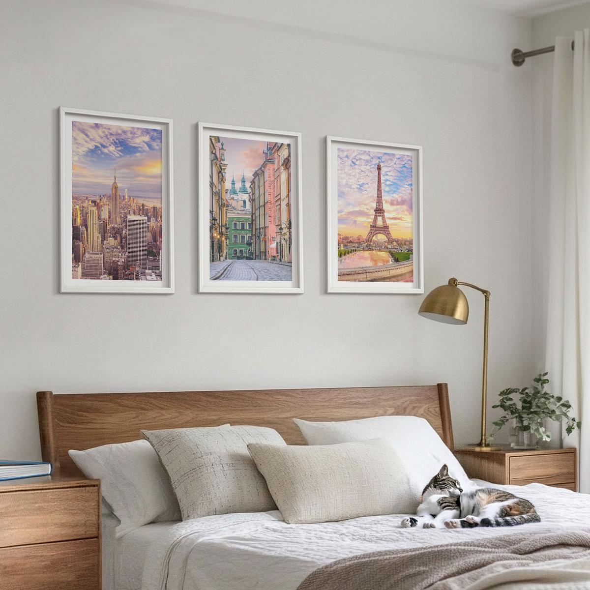 BILDER SET 3er Set - 40x60 cm Weißer Rahmen - Städte New York Paris Dämmerung - Weiß, Kunststoff (40/60cm) - TULUP