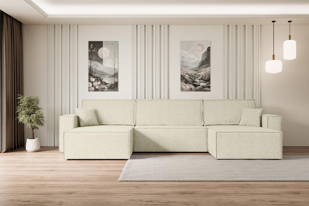 WOHNLANDSCHAFT mit Schlaffunktion und Bettkasten CELTIC-XLU - 377x143x83 cm Beige Bouclé - Beige/Schwarz, Holzwerkstoff/Kunststoff (377/83/143cm) - ALTDECOR