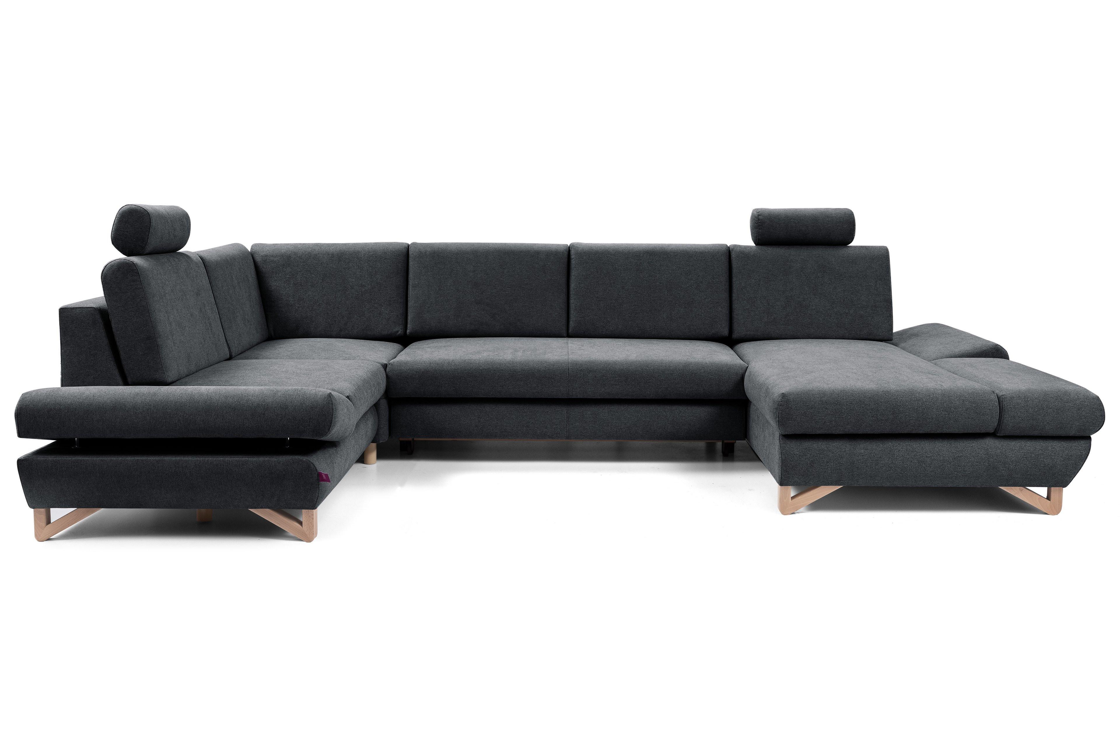 WOHNLANDSCHAFT CASA IV L-S Anthrazit Plüsch-Stoff mit Schlaffunktion - Anthrazit, Holz (344/100/199cm) - MASSENO