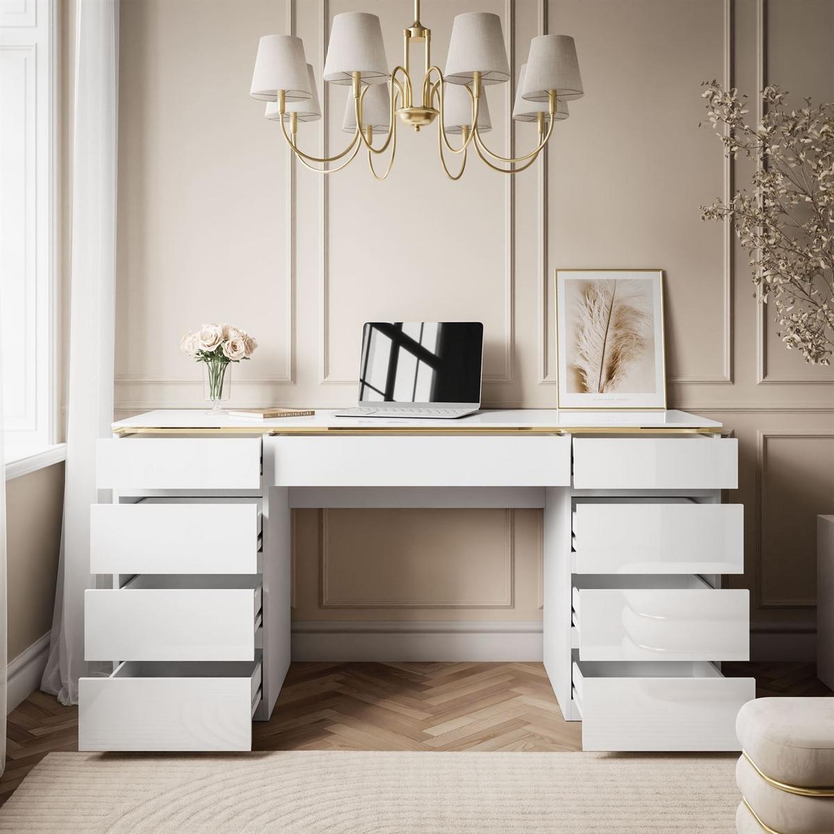 SCHREIBTISCH AURORA DOUBLE GOLD mit Schubladen - Weiß, Holzwerkstoff (55/156.8/79.2cm) - Lookway