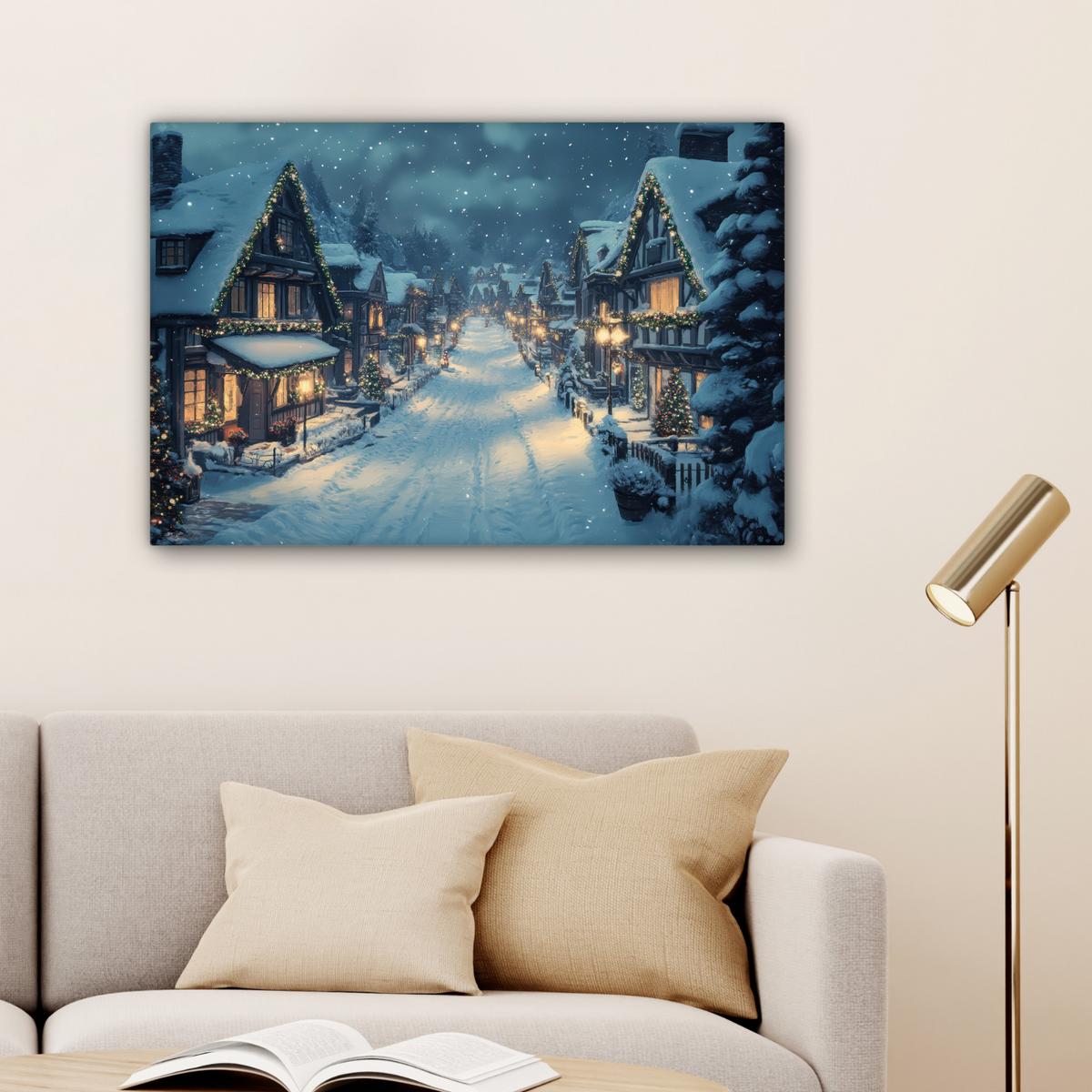 LEINWANDBILD Weihnachtsdorf - Weihnachten - Schnee - Winter Gemälde 60x40 cm - Dunkelblau, Textil (60/40cm) - MuchoWow