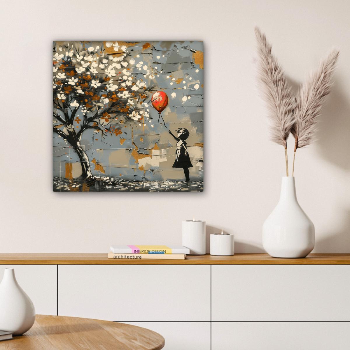 LEINWANDBILD Baum - Graffiti - Banksy-Stil - Ballon-Mädchen Wandbild Wohnzimmer 50x50 cm - Blaugrau, Textil (50/50cm) - MuchoWow