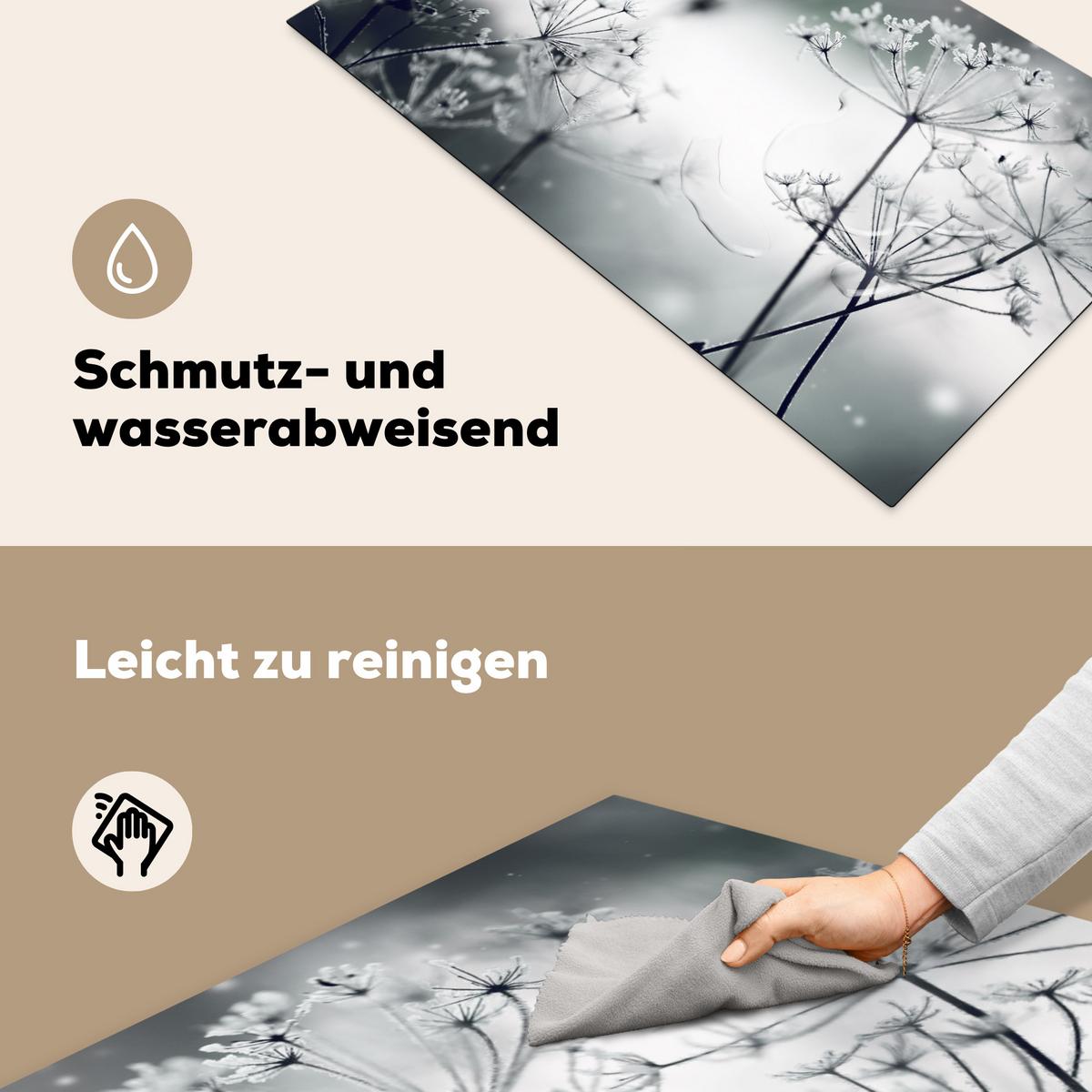 HERDABDECKPLATTE Blumen - Winter - Schnee - Natur Induktionsschutz 91.6x52.7 cm - Grau, Kunststoff (91.6/52.7/0.2cm) - MuchoWow