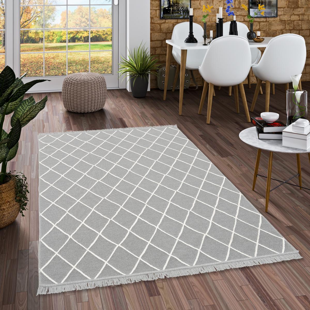 TEPPICH BEIDSEITIG ETHNO KELIM RAUTEN - Weiß/Grau, Textil (140/200cm) - Pergamon