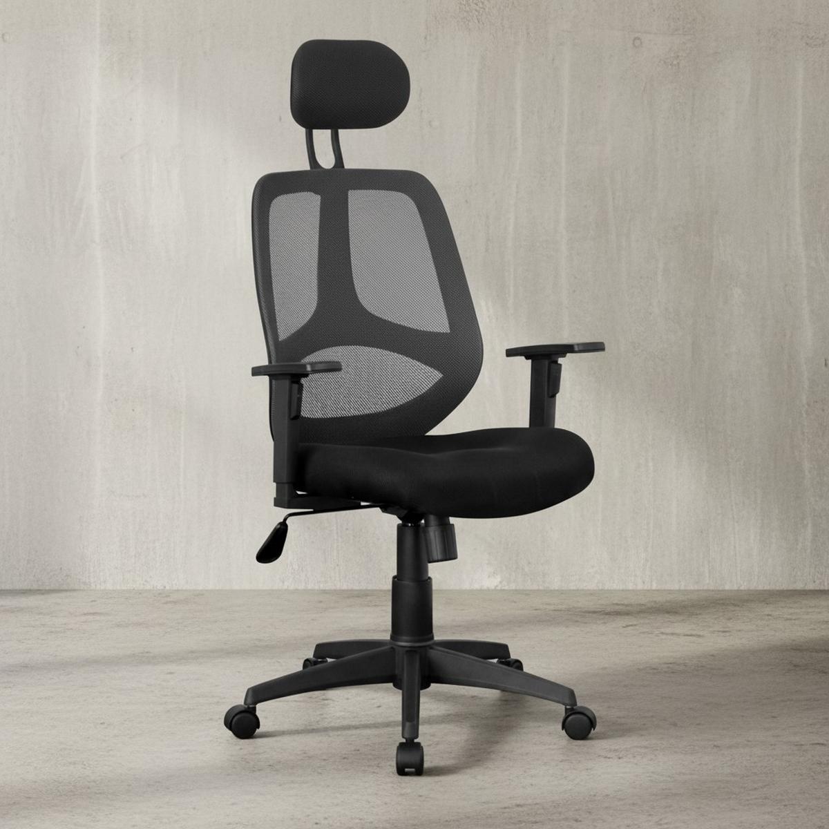 BÜRODREHSTUHL Schwarz Netz mit verstellbarer Kopfstütze, Armlehnen und 120 kg Belastbarkeit KOMFORTABEL - Schwarz, Textil (61/127/57cm) - KADIMA DESIGN