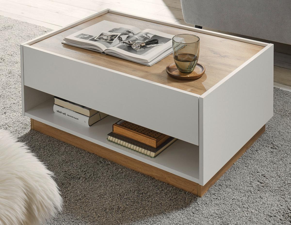COUCHTISCH weiß, Eiche Wotan 90 x 60 cm, Wohnzimmertisch mit Stauraum - Eiche Wotan/Weiß, Holz/Holzwerkstoff (90/60/38cm) - Furn.Design