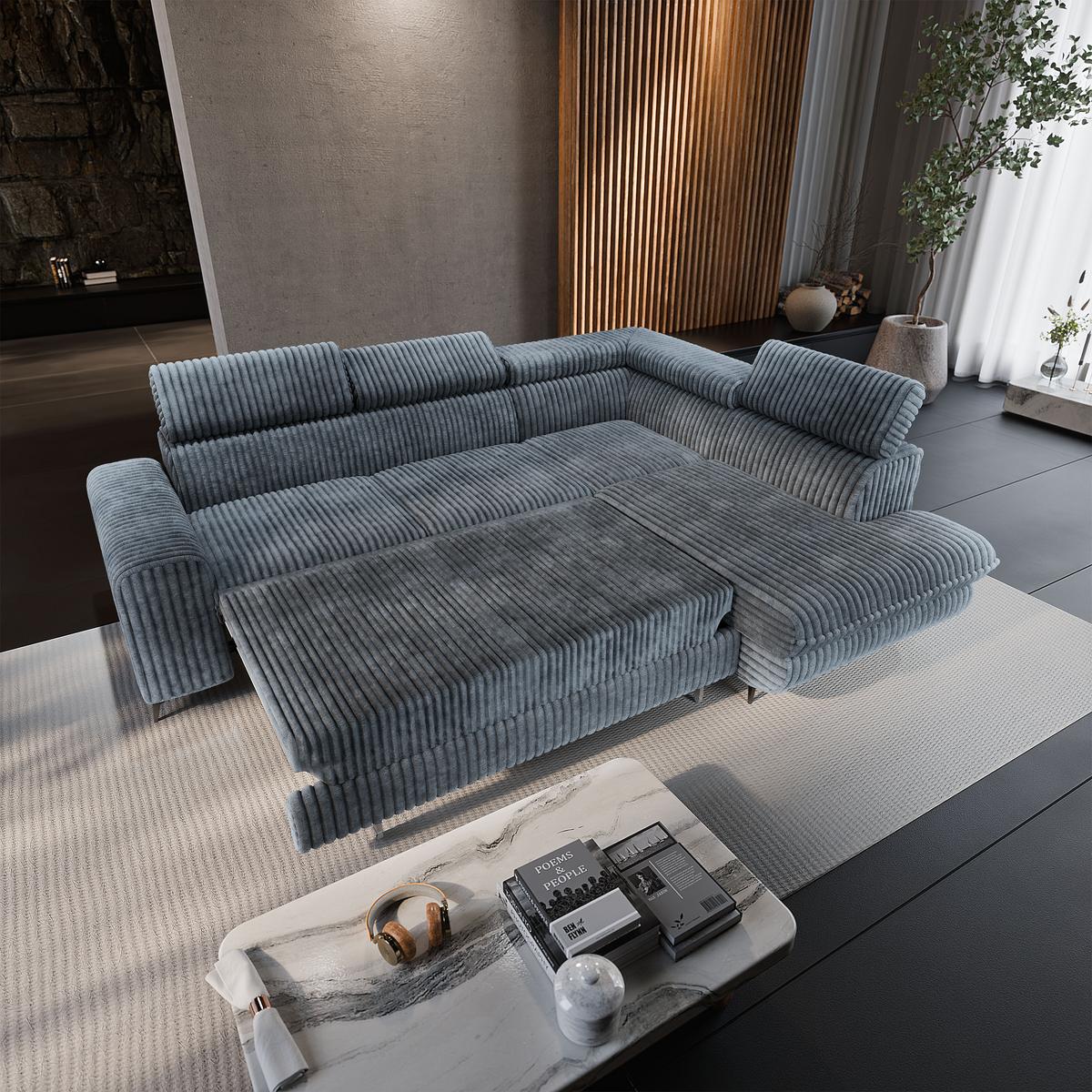 ECKSOFA VELISS Grau Kordstoff mit Schlaffunktion - Grau, Holz (255/193cm) - MASSENO
