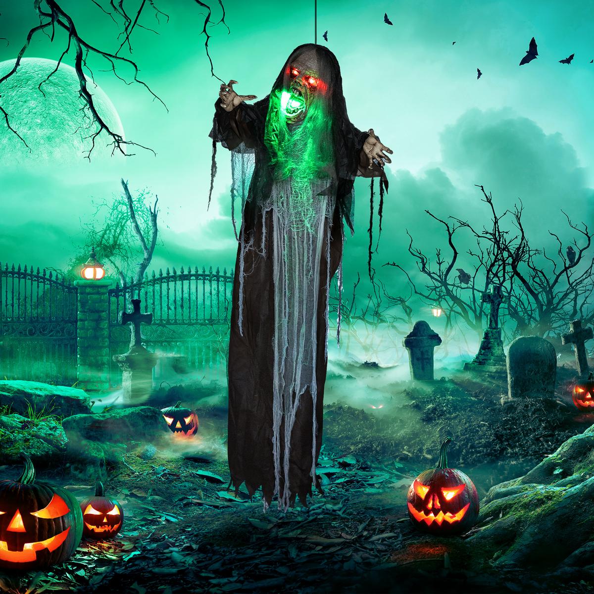 HALLOWEEN DECORATIONS 183cm Hängendes Monster mit grün LED-Lichter, Soundfunktion - Schwarz, Kunststoff (18/183/70cm) - HOMCOM