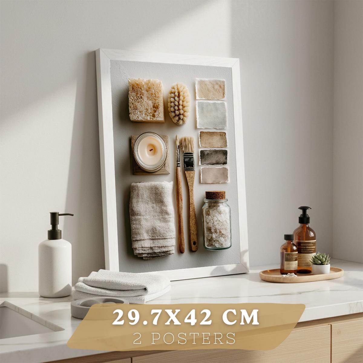POSTER 2er-Set dekorative Badezimmer-Wandbilder und für Waschbecken, Dusche, WC mit Seifen, Tassen, Blumen künstlerischer Naturstil Weißer Rahmen A3 - Weiß, Papier (42/29.7/3cm) - Nacnic
