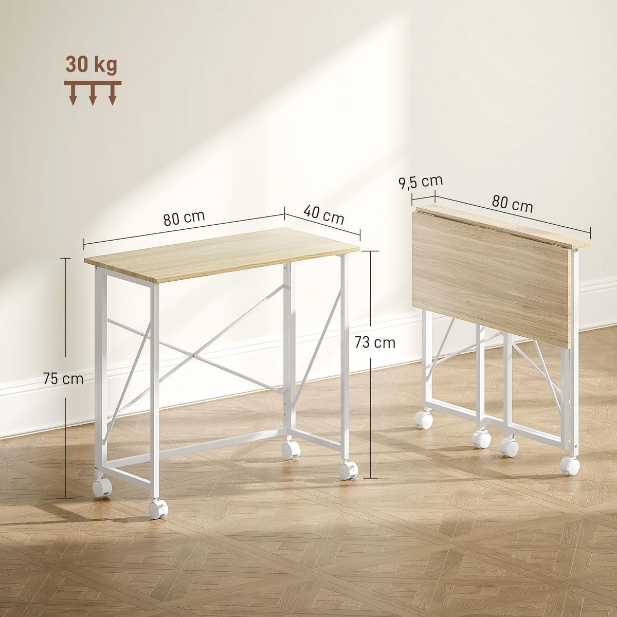 SCHREIBTISCH Klappbar Kleiner 80 cm Klappschreibtisch mit Rollen für Home Office - Weiß, Holzwerkstoff/Metall (80/40/75cm) - HOMCOM