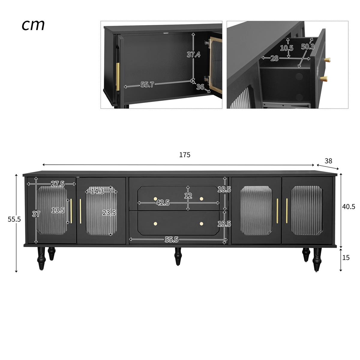 TV-LOWBOARD Schwarz & Gold 175 cm mit geriffeltem Glas & Retro-Design - Schwarz, Holzwerkstoff (175/55.5/38cm) - Urban Meuble