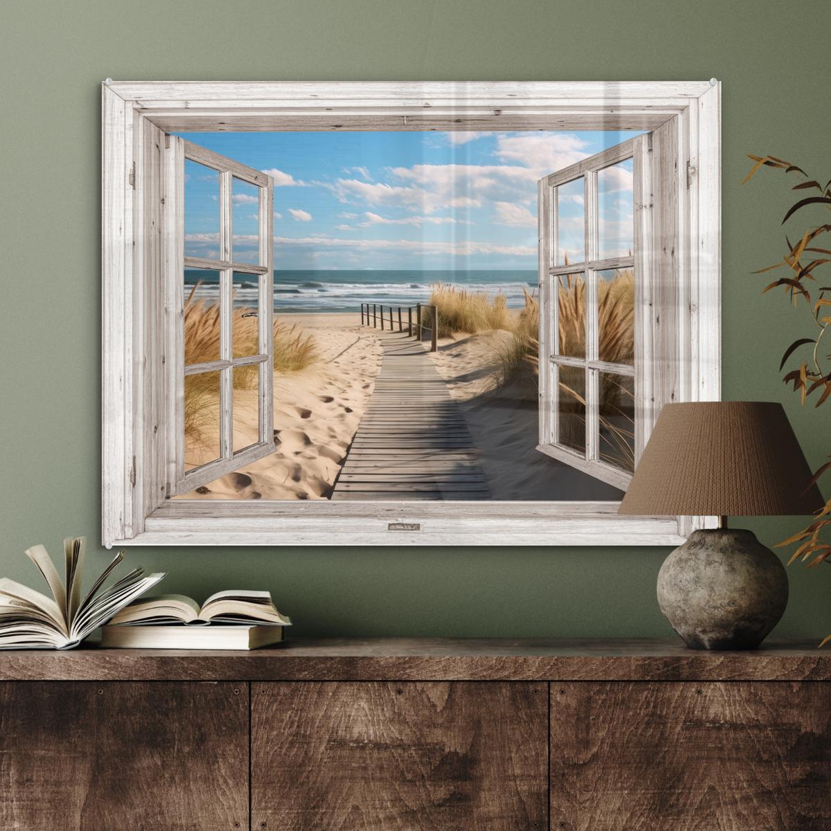 ACRYLGLASBILD Fenster - Meer - Küste - Natur - Ausblick - Strand - Wattenmeer 80x60 cm - Beige, Glas (80/60cm) - MuchoWow