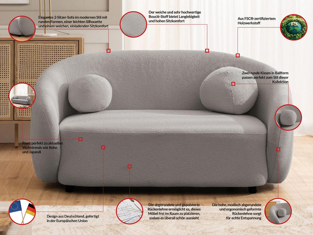 2-SITZER-SOFA Roundi Grau Bouclé - Schwarz/Grau, Holz/Kunststoff (150/76/80cm) - S-Style Möbel
