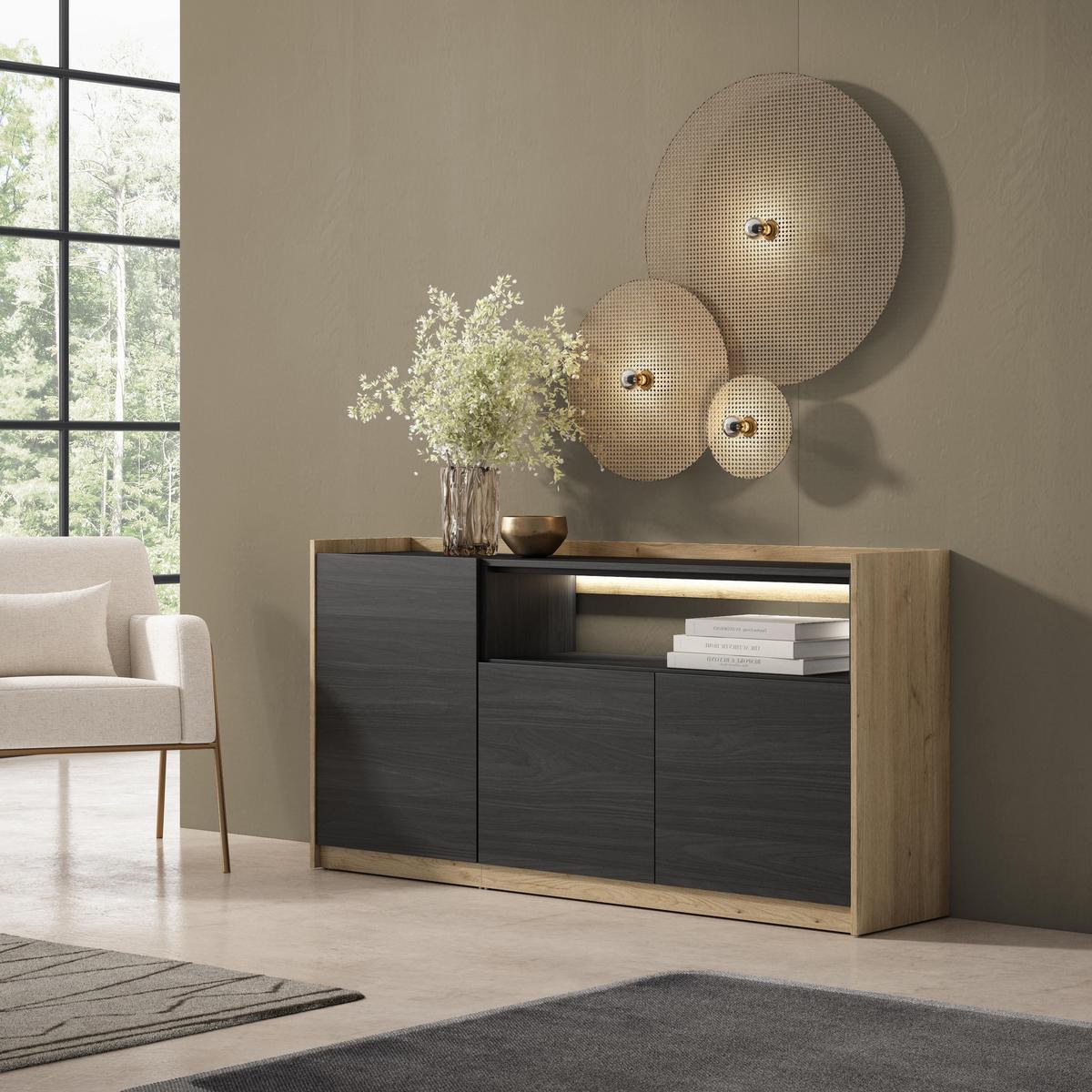 SIDEBOARD, Schwarz und Eiche, 156/37/80cm, mit Led - Schwarz, Holzwerkstoff (156/80/37cm) - Skraut Home