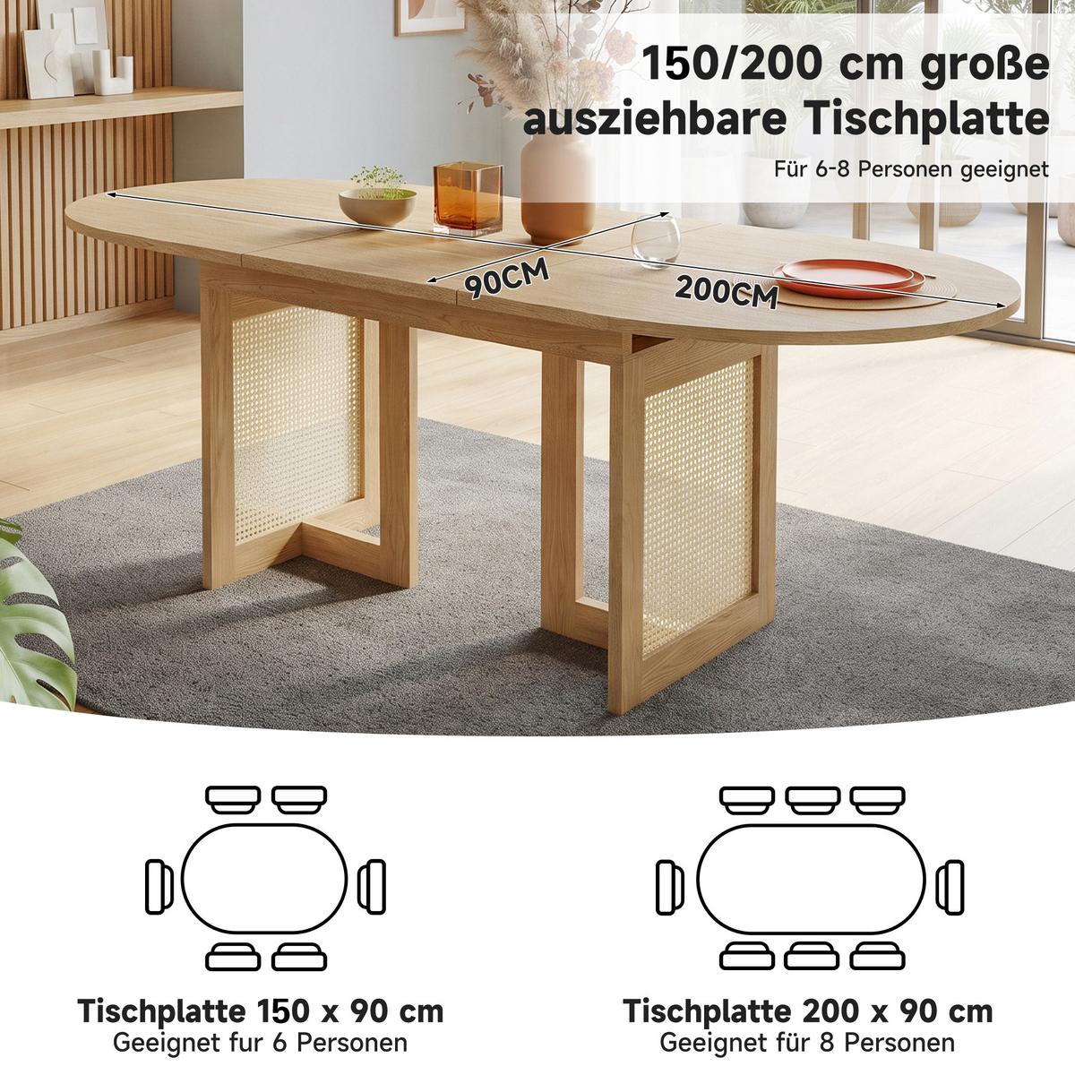 ESSTISCH Ausziehbar 150-200cm Eichenfarbe Rattan-Beine Abgerundet - Eichefarben, Holzwerkstoff (90/200/75cm) - Urban Meuble