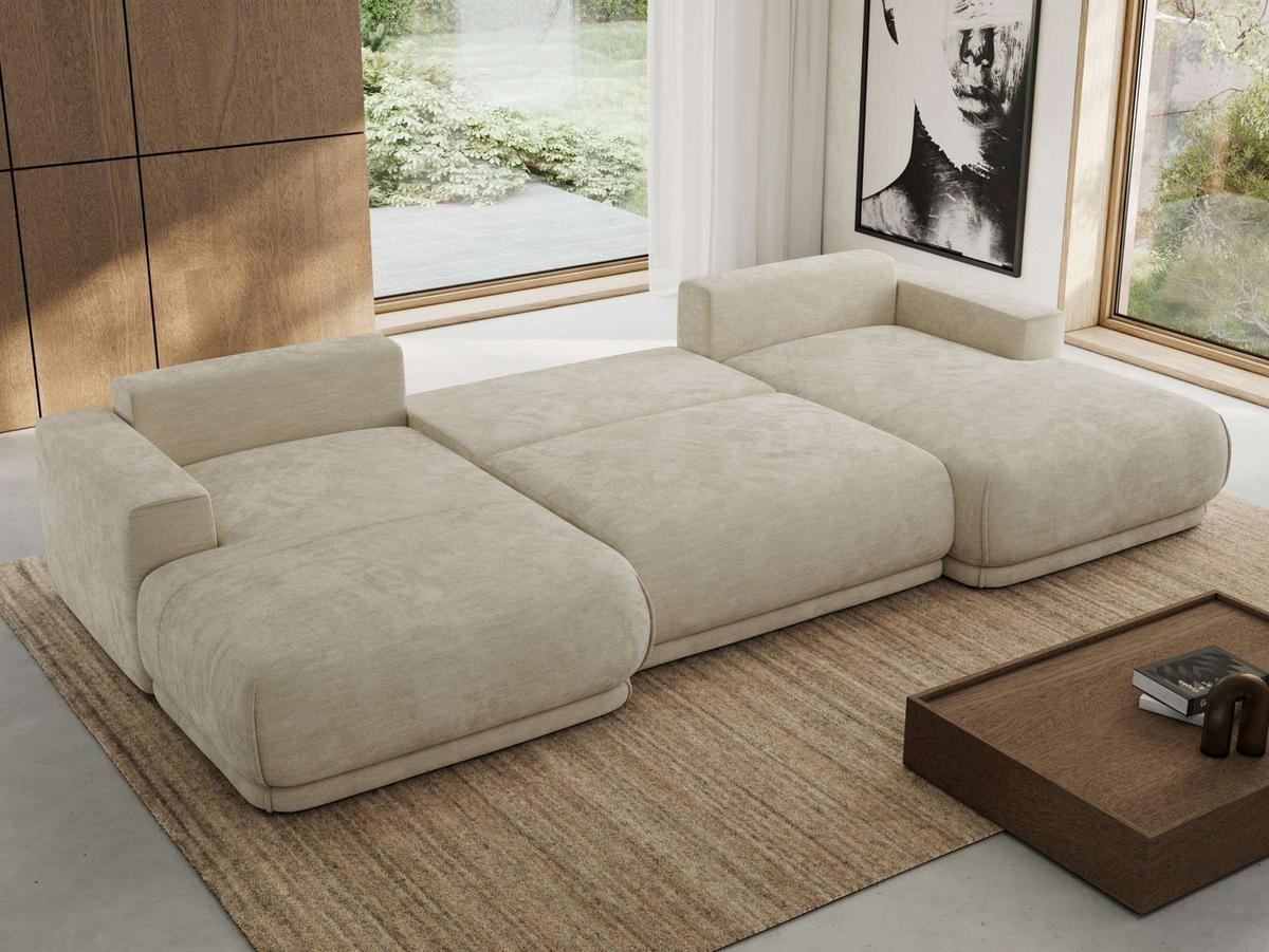 WOHNLANDSCHAFT RINA U Beige Schenille glatt - Beige/Schwarz, Kunststoff/Textil (360/85/170cm) - MKS
