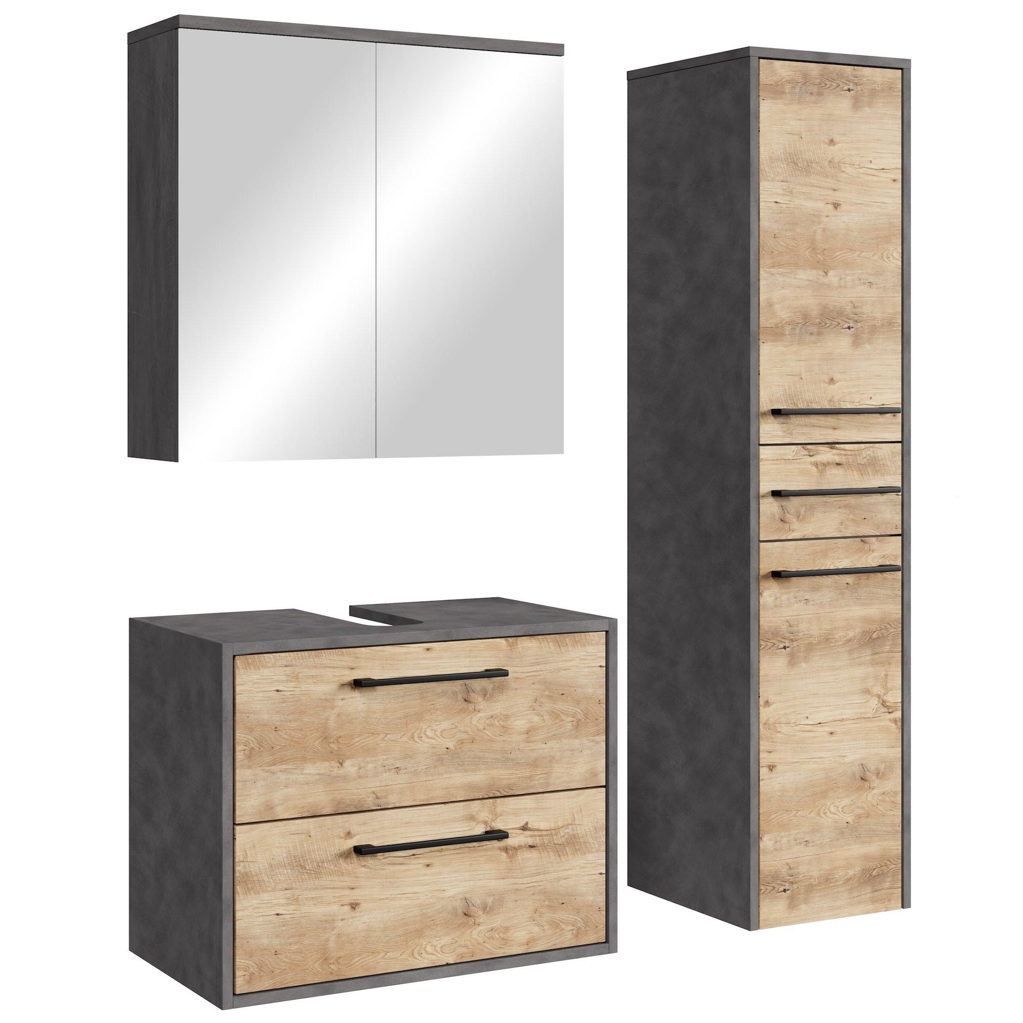 BADMÖBEL-SET Florence 3 Teile Kastanien Eiche mit Dunkel Grau - 60 x 35 x 51 cm - Eichefarben/Grau, Holz (60/51/35cm) - Badplaats
