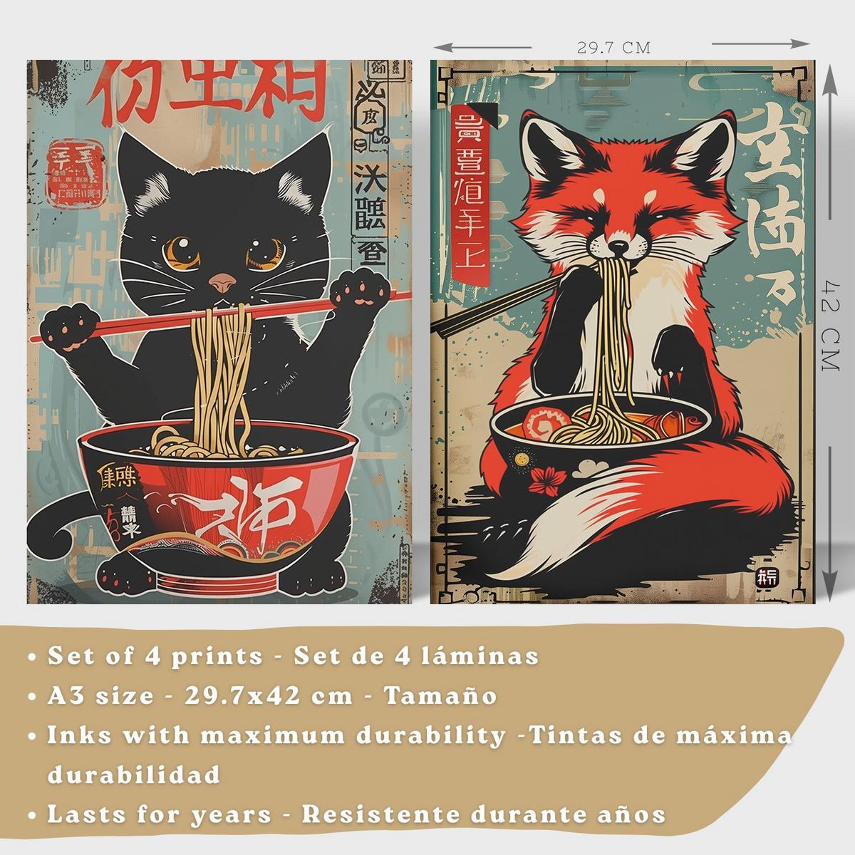 POSTER 4er Set Japanische Ramen Tier-Wandbilder Katze Fuchs und Hase Nudeln Vintage Küche Deko Weißer Rahmen A3 - Weiß, Papier (29.7/1/42cm) - Nacnic