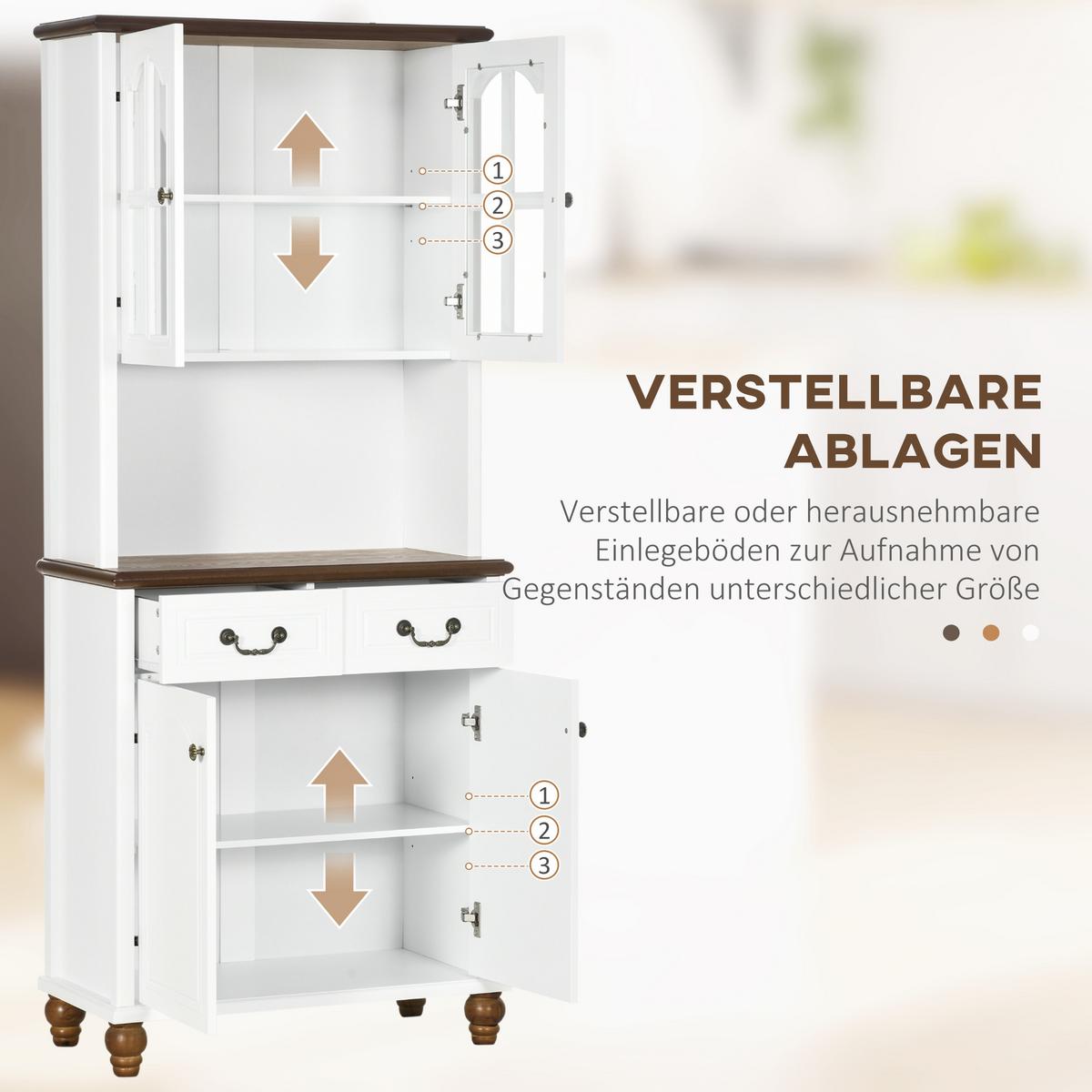 KÜCHENSCHRANK, Küchenbuffet mit 2 Schubladen, 4 Türen, offenem Fach, Hochschrank - Dunkelbraun/Weiß, Holzwerkstoff/Metall (38/182/76cm) - HOMCOM
