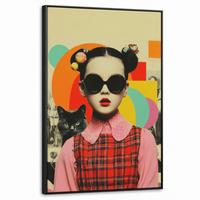 LEINWAND Bilder mit Rahmen - Mädchen - Sonnenbrille - Katze - Retro - 60x90 - Beige, Textil (60/90cm) - MuchoWow