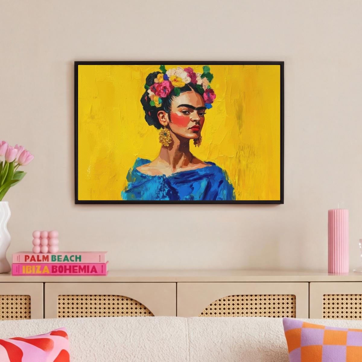 LEINWAND Bilder mit Rahmen - Frida Kahlo - Frau - Gelb - Blau - Blumen - 60x40 - Gelb, Textil (60/40cm) - MuchoWow