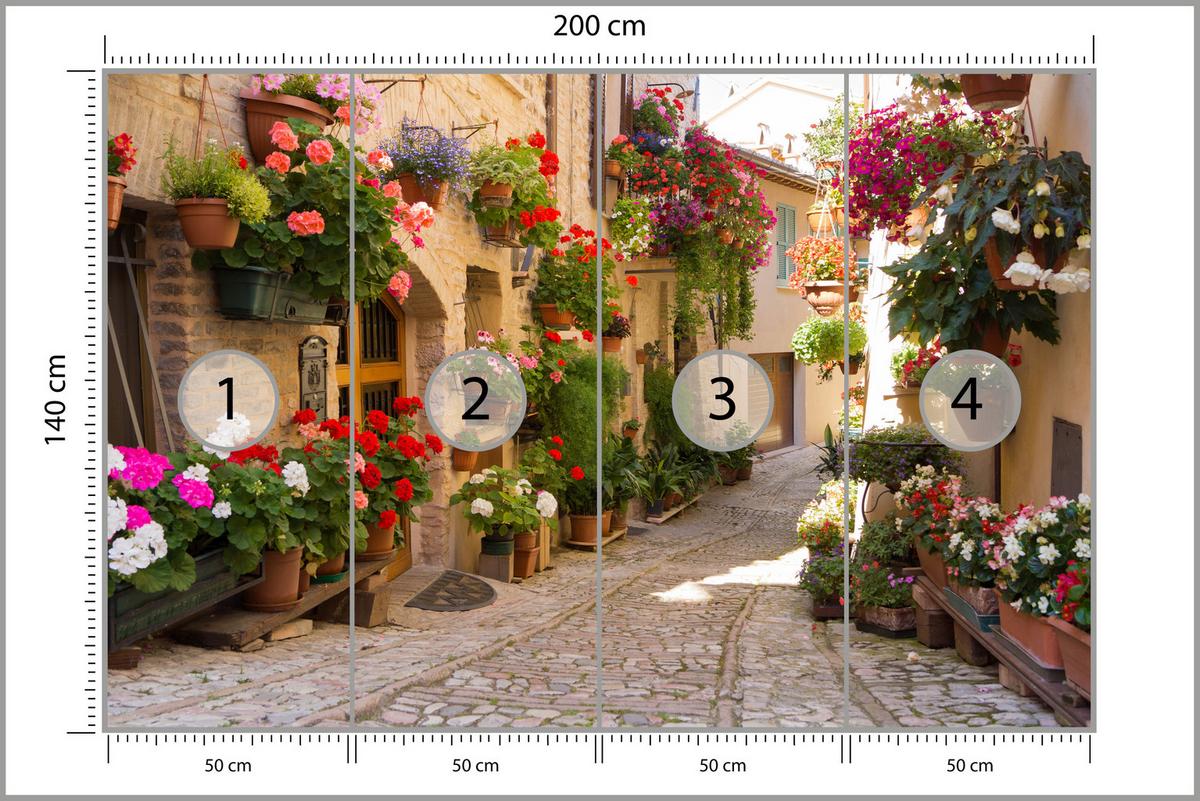 FOTOTAPETE für Wohnzimmer Italienische Steinstraße Blumen Pflanzen 200x140 - Beige/Rot, Papier (200/140cm) - Muralo