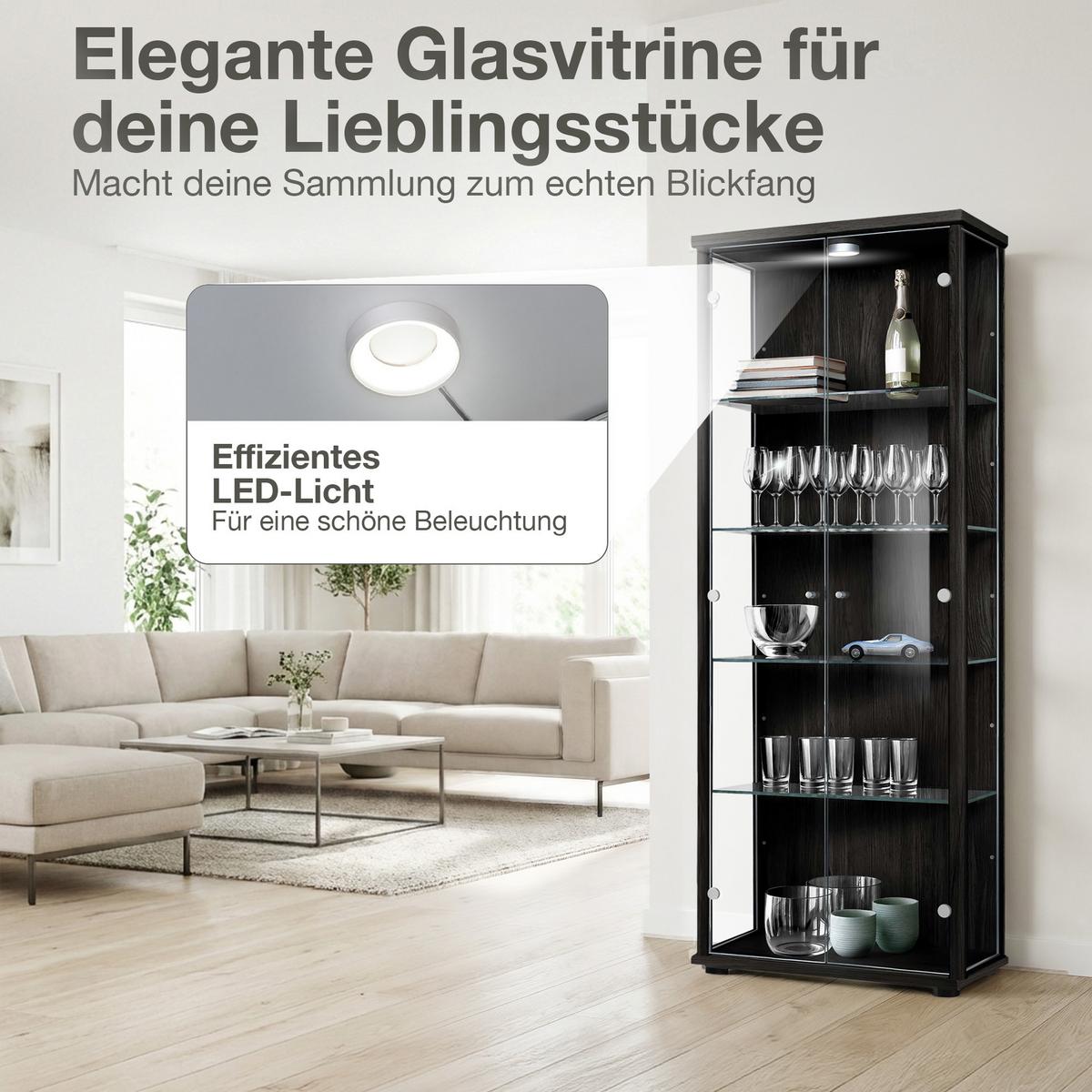 VITRINE 33/67/176 cm mit LED & 4 höhenverstellbaren Glasböden - Transparent/Silberfarben, Glas/Holzwerkstoff (67/176/33cm) - K-Möbel