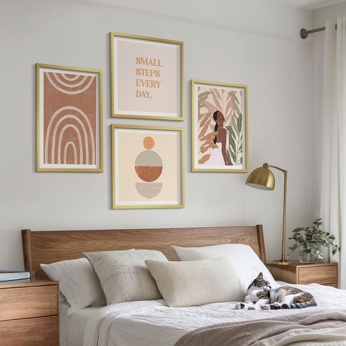 BILDER SET 4er Set - 50x50 cm & 40x60 cm Goldrahmen - Stilvolle Pflanzenmuster und Geometrie - Goldfarben, Kunststoff (50/50cm) - TULUP