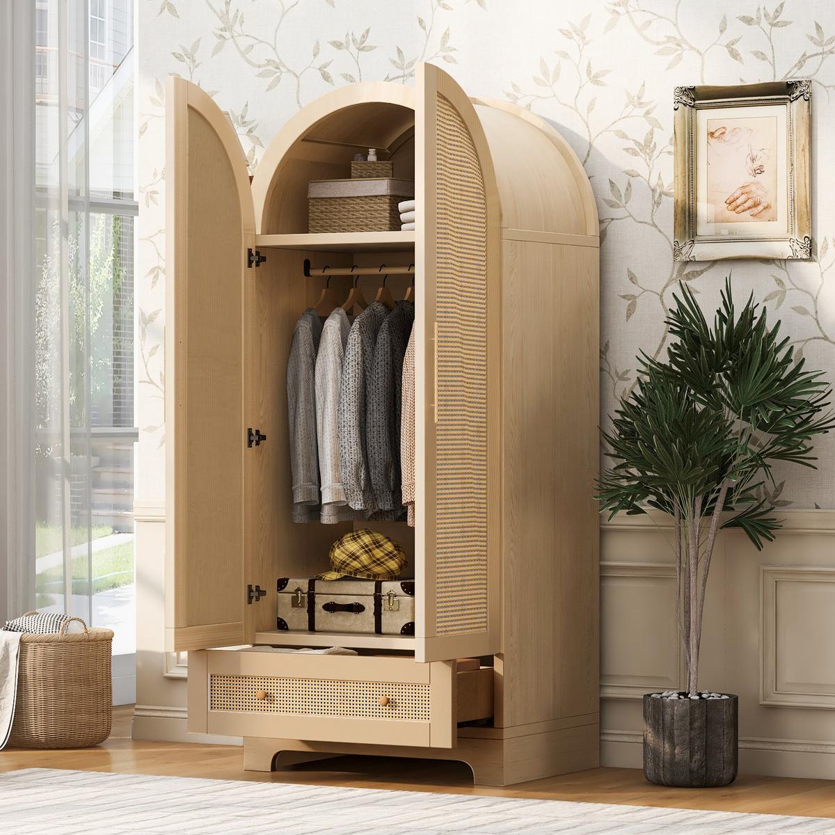 KLEIDERSCHRANK Doppeltüren Kunstrattan Holz mit Schubladen - Naturfarben, Holzwerkstoff (70/170/55cm) - Urban Meuble