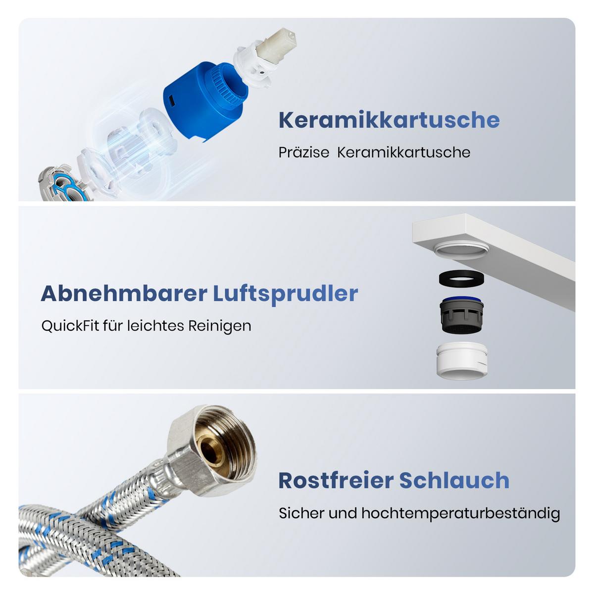 KÜCHENARMATUR mit 360° Drehbar Edelstahl Einhebelmischer Weiß Matt - Weiß, Metall (22.5/10.1/30.3cm) - EMKE