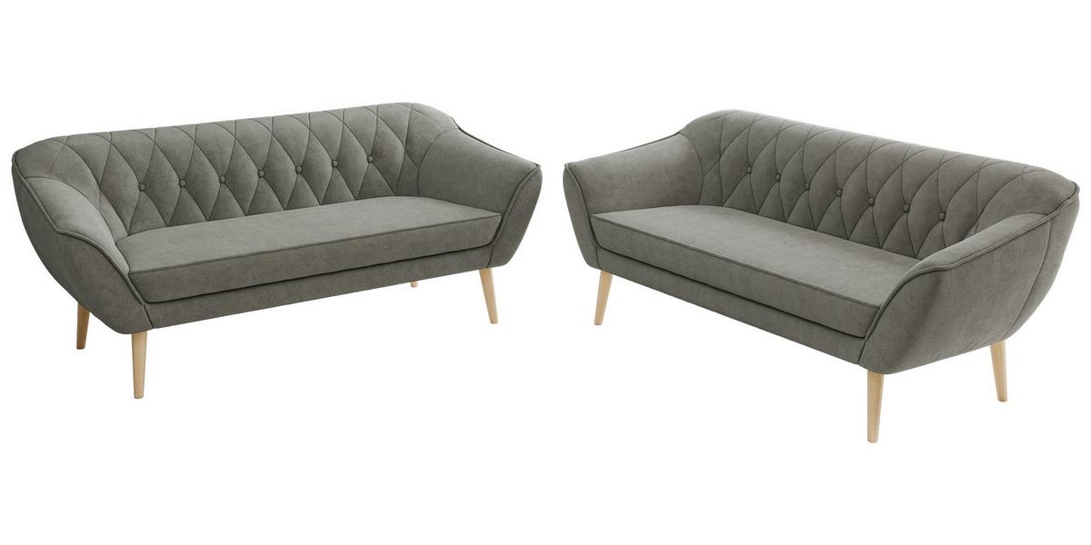 SITZGARNITUR PIRS 3+3 - Grau Strukture - Holzbeine - Platinfarben/Buchefarben, Holzwerkstoff/Textil (180/75/74cm) - MKS