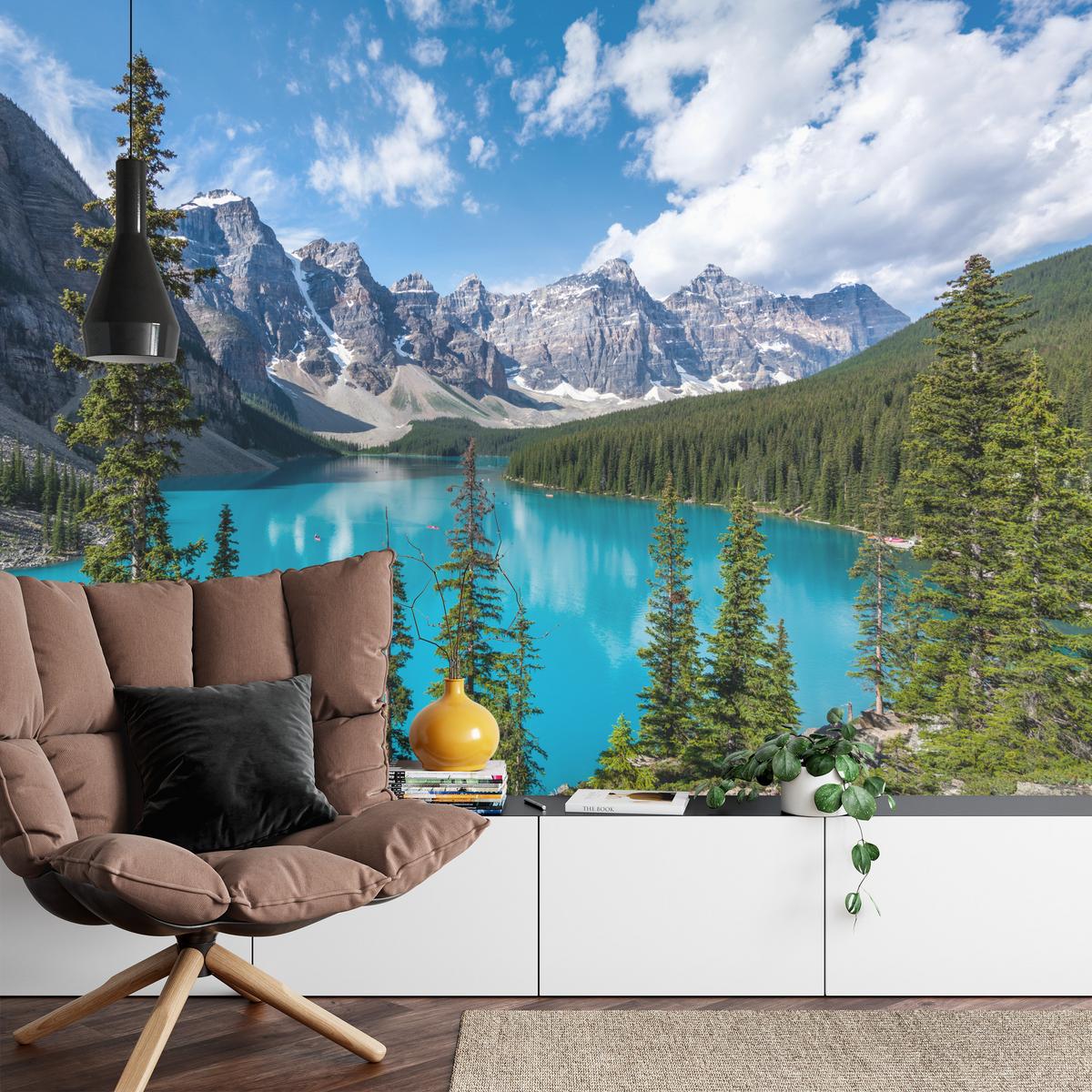 FOTOTAPETE See Berge Wald Landschaft 3D 250x175 - Türkis/Blau, Papier (250/175cm) - Muralo