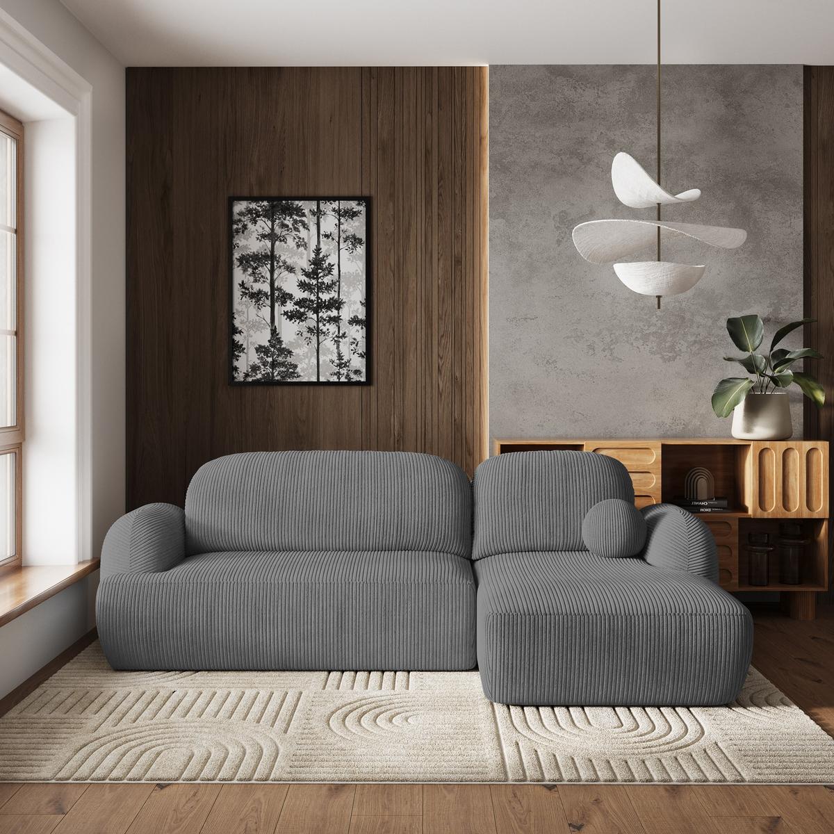 ECKSOFA MODENZA P R-S Grau Kordstoff mit Schlaffunktion - Schwarz/Grau, Holz/Kunststoff (266/148cm) - MASSENO