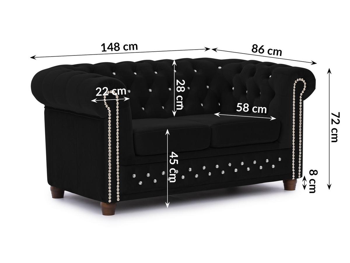 CHESTERFIELD-SOFA 2-sitzer Cleo Blink Schwarz Samt mit Kristallsteppung und braunen Massivholzfüßen - Schwarz/Braun, Holz/Textil (148/72/86cm) - S-Style Möbel