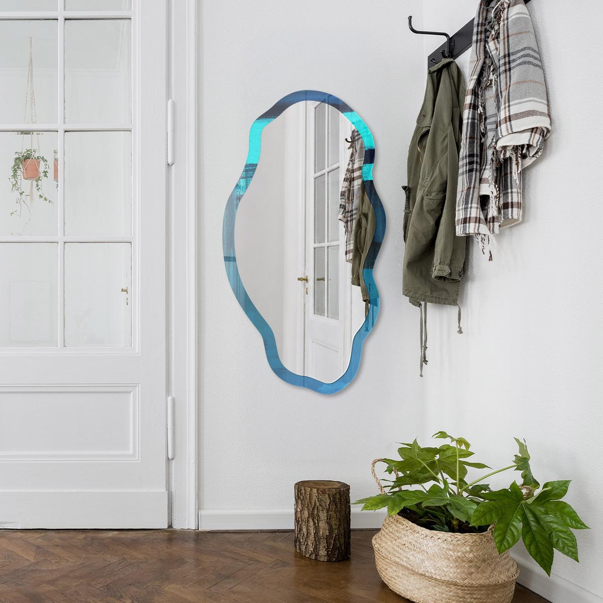 SPIEGEL 90x45 cm asymmetrisch mit Druck - Abstraktes Blau - Transparent, Glas (45/90/0.4cm) - TULUP